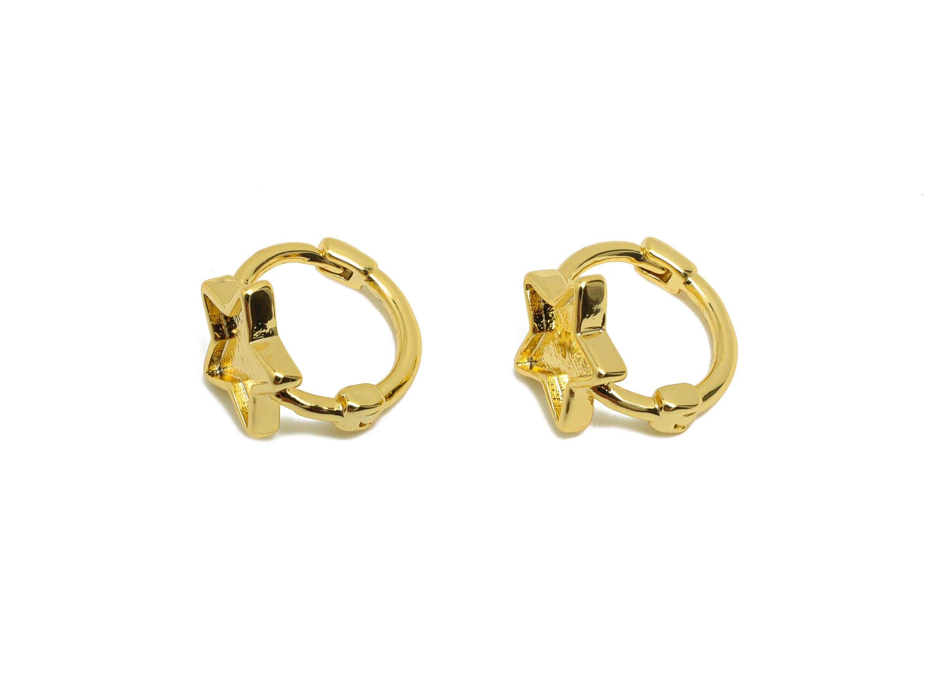 Brass Star Huggie Earring - Gold Star Setting Earring for Girls - Daily Wear Hoop Earring - 18K Real Gold Plating - 11.8x11.6x9mm - RGP8794 - DOMEDBAZAAR