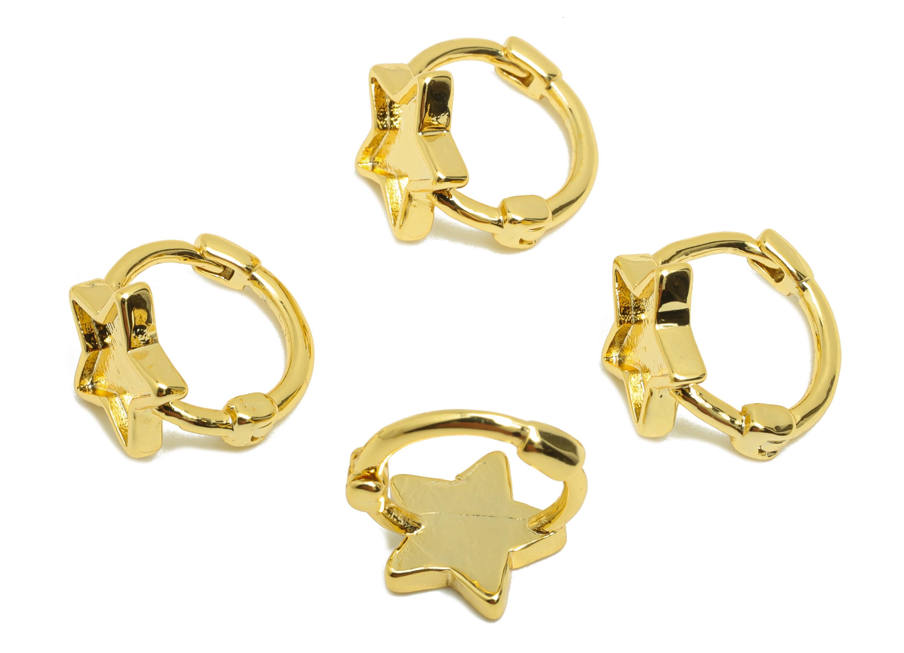 Brass Star Huggie Earring - Gold Star Setting Earring for Girls - Daily Wear Hoop Earring - 18K Real Gold Plating - 11.8x11.6x9mm - RGP8794 - DOMEDBAZAAR