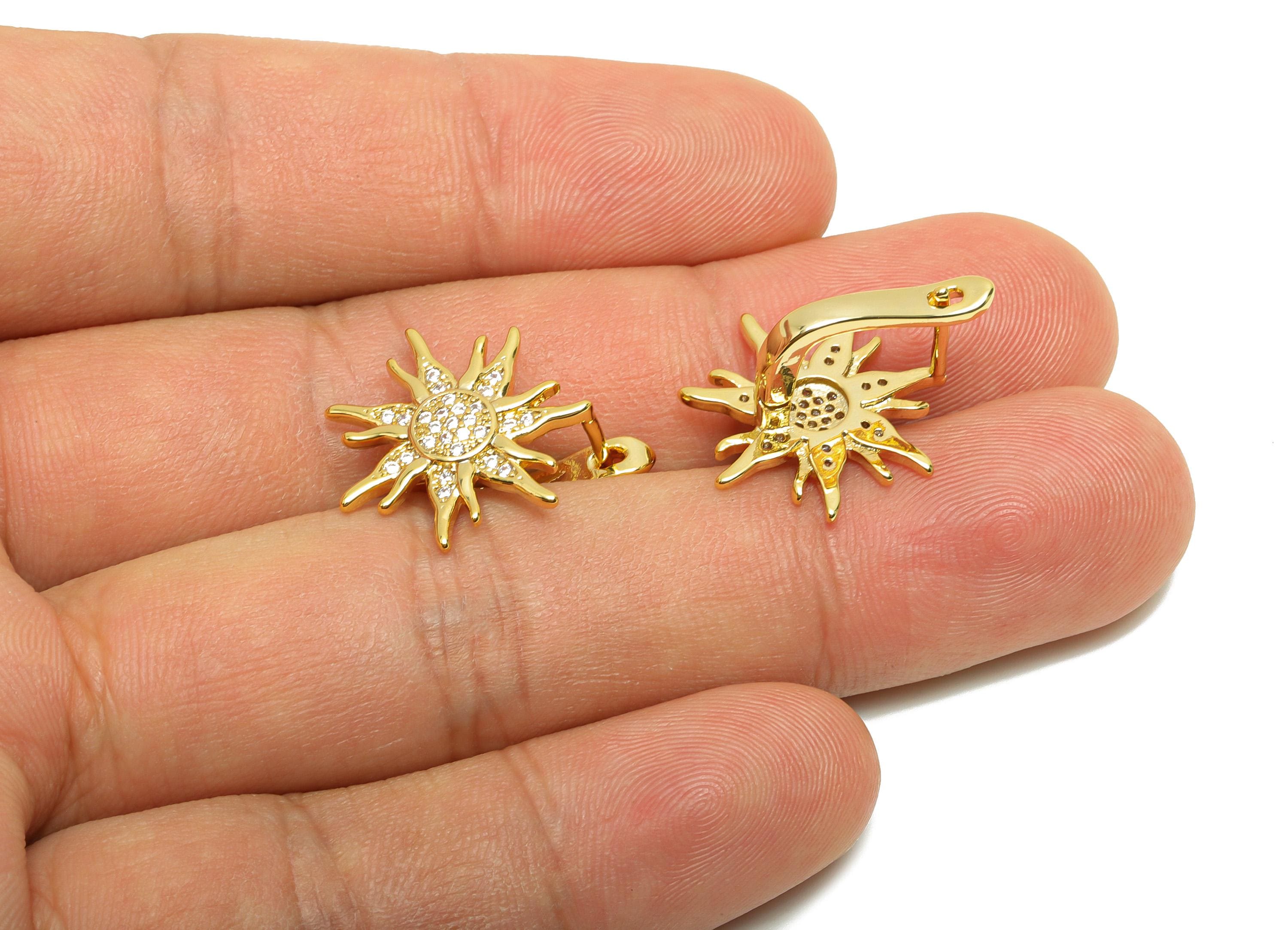 Brass Sun Huggie Earring - Gold Zircon Sunshine Earring for Women - Daily Wear Hoop Earring - 18K Real Gold Plating - 22.3x17.5x12mm-RGP8796 - DOMEDBAZAAR
