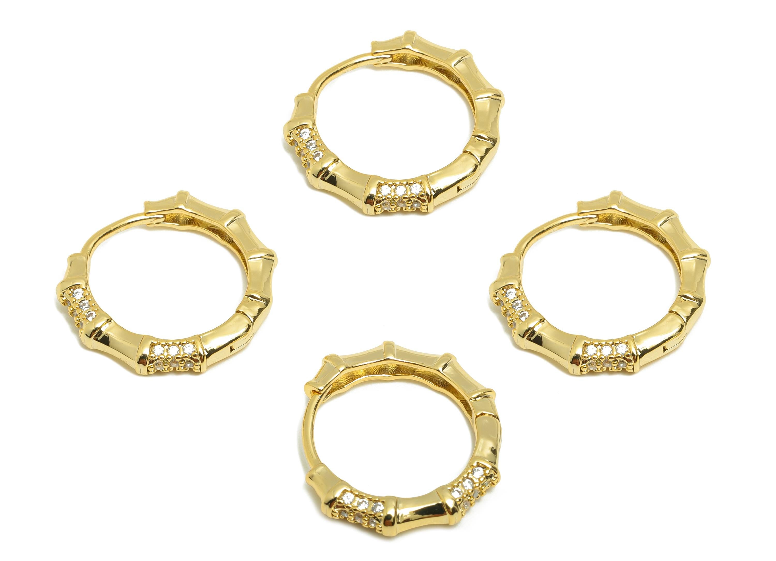 Brass Bamboo Hoop Earring - Gold Huggie Earring for Girl&#39;s - Zircon Daily Wear Earring - 18K Real Gold Plated - 16.93x14.52x2.14mm - RGP9045 - DOMEDBAZAAR