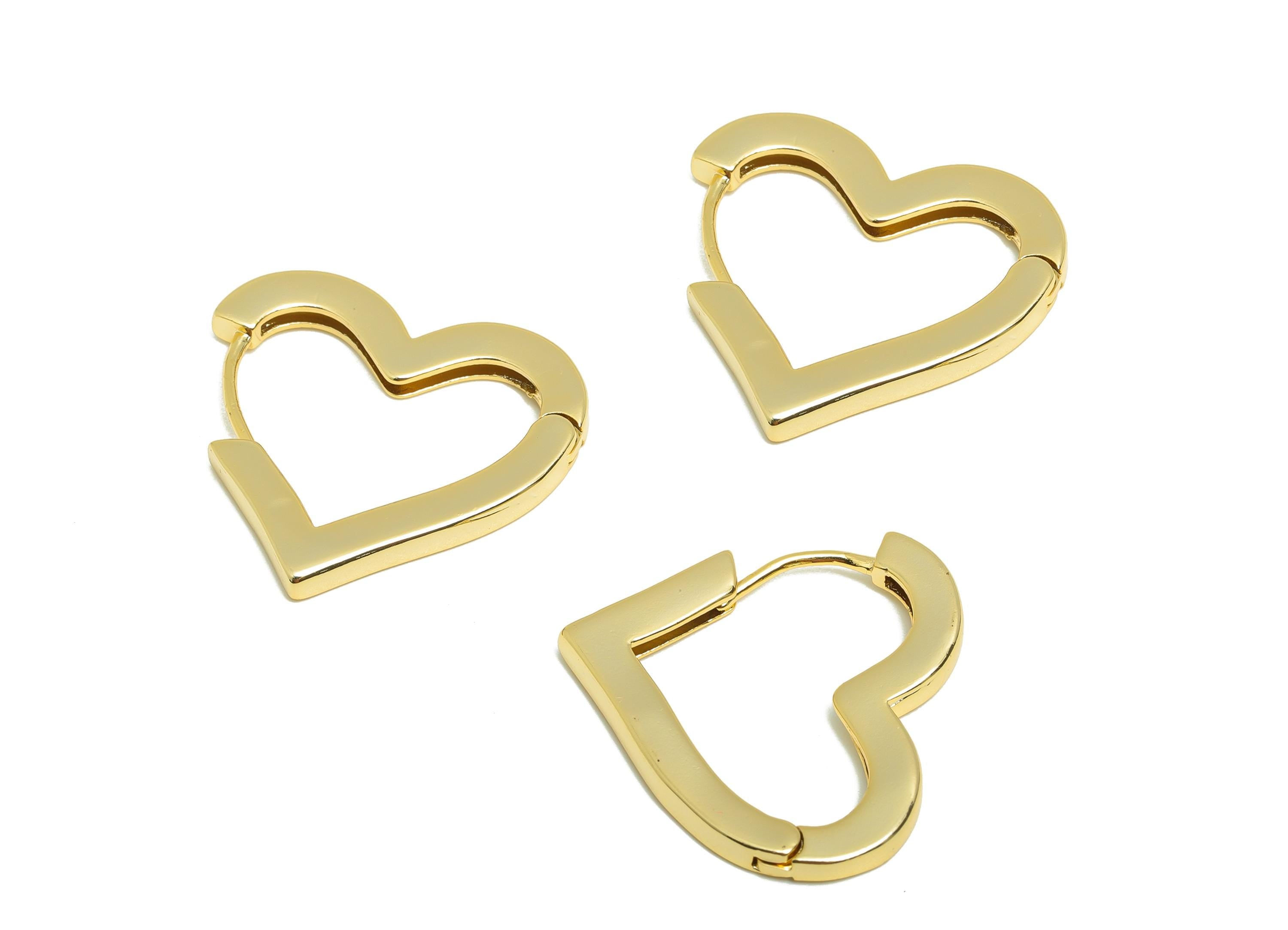 Brass Heart Hoop Earring - Gold Huggie Earring for Girl&#39;s - Heart Valentine&#39;s Day Earring - 18K Real Gold Plated -26.82x24.63x2.73mm-RGP9052 - DOMEDBAZAAR