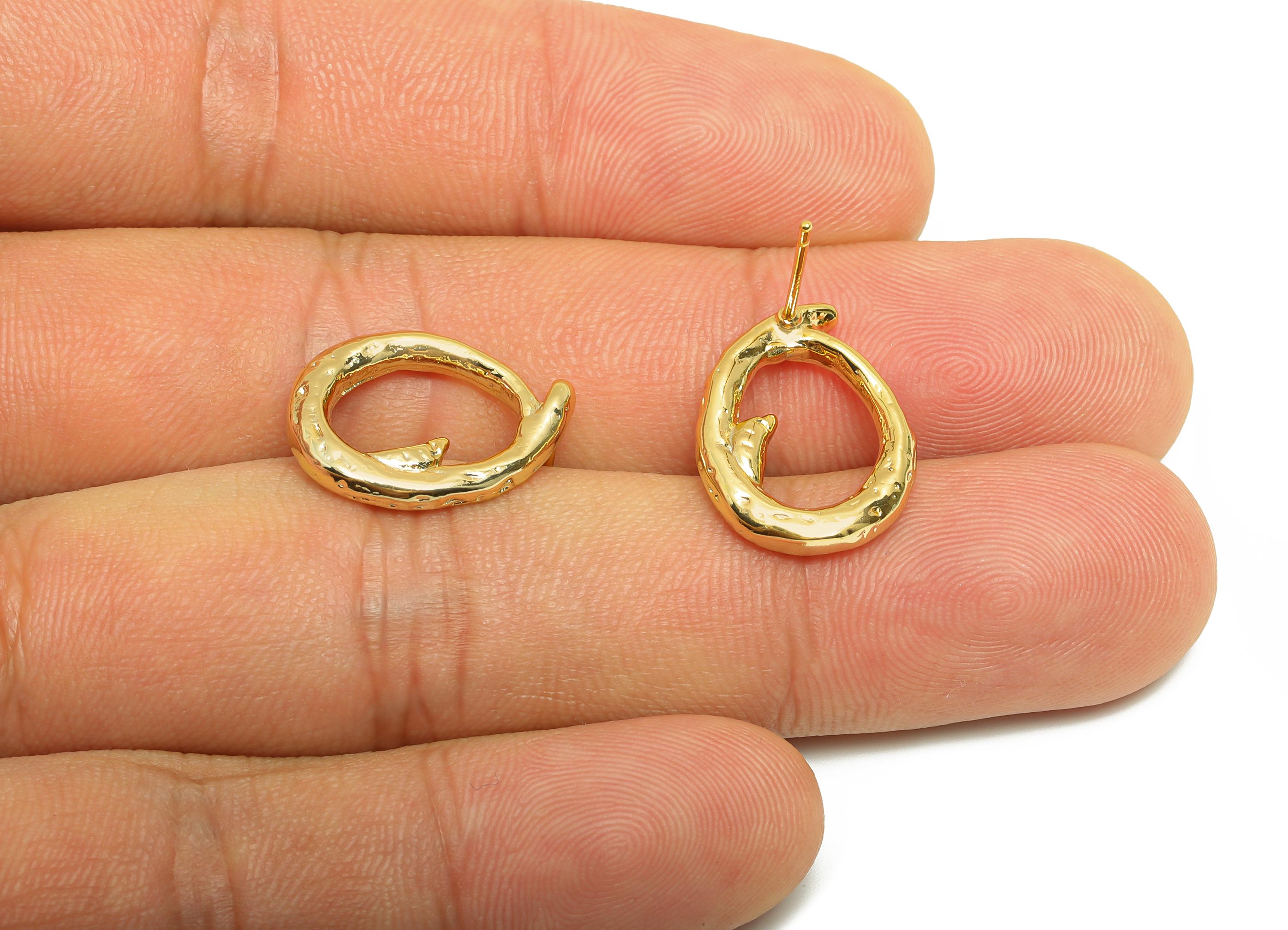 Brass Oval Earring Stud - Gold Hammered Oval Earring Post - Irregular Daily Wear Ear - 18K Real Gold Plating - 18.04x2.38x2.37mm - RGP9066 - DOMEDBAZAAR