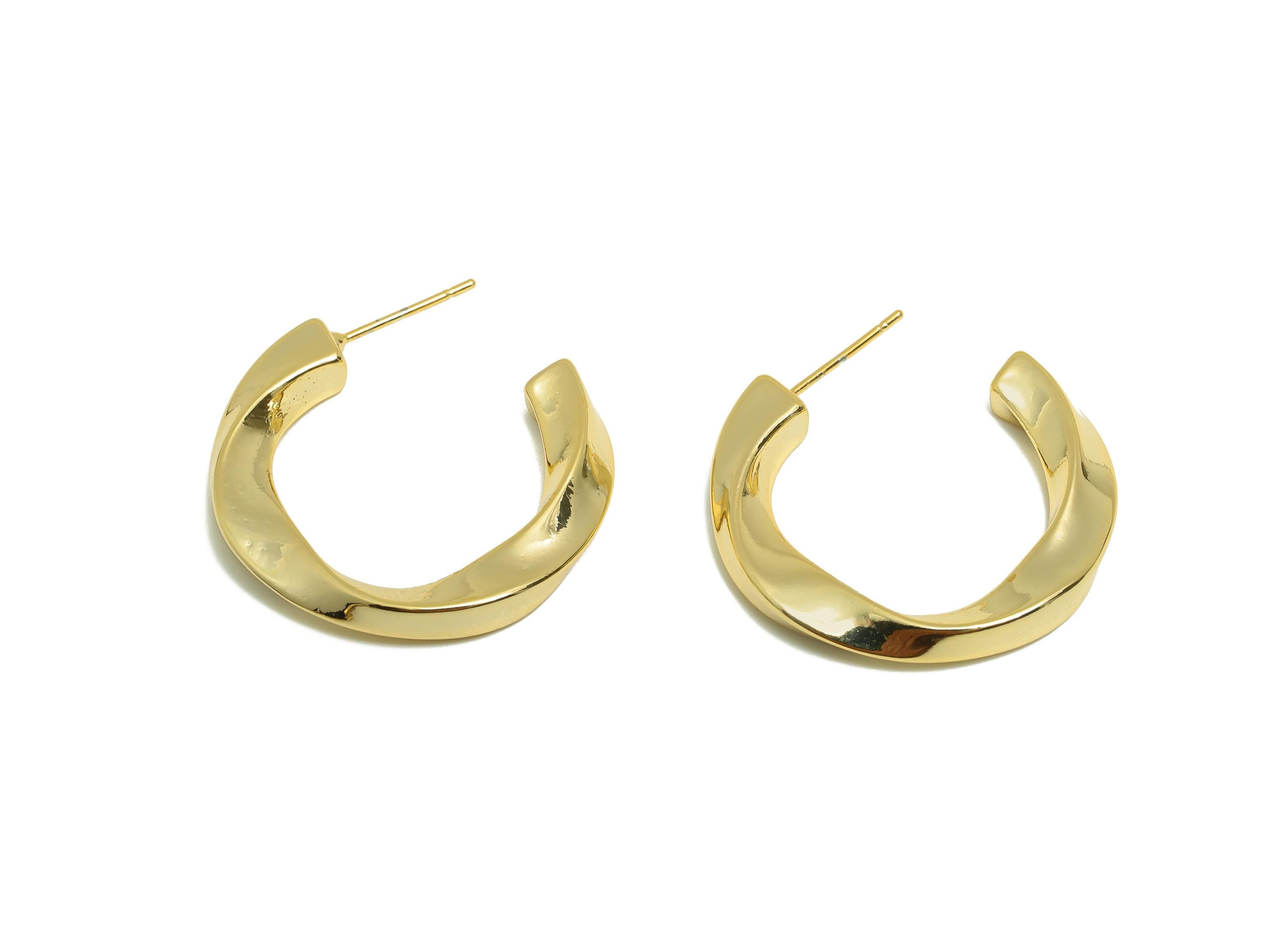 Brass Twisted Earring Stud - Gold C Hoop Earring Post for Girl- Twisted Daily Wear Ear - 18K Real Gold Plated - 28.23x24.19x3.41mm - RGP9067 - DOMEDBAZAAR