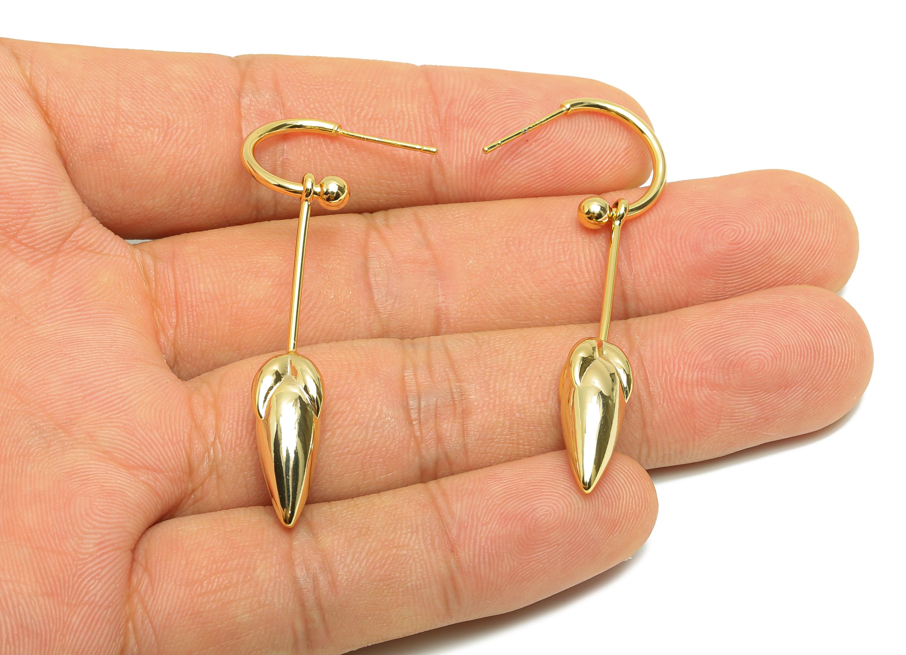 Brass C Hoop Earring - Tulip Dangle Earring Stud - Gold C Hoop Flower Dangle Earring Post - 18K Real Gold Plating -40.06x6.91x6.91mm-RGP9069 - DOMEDBAZAAR