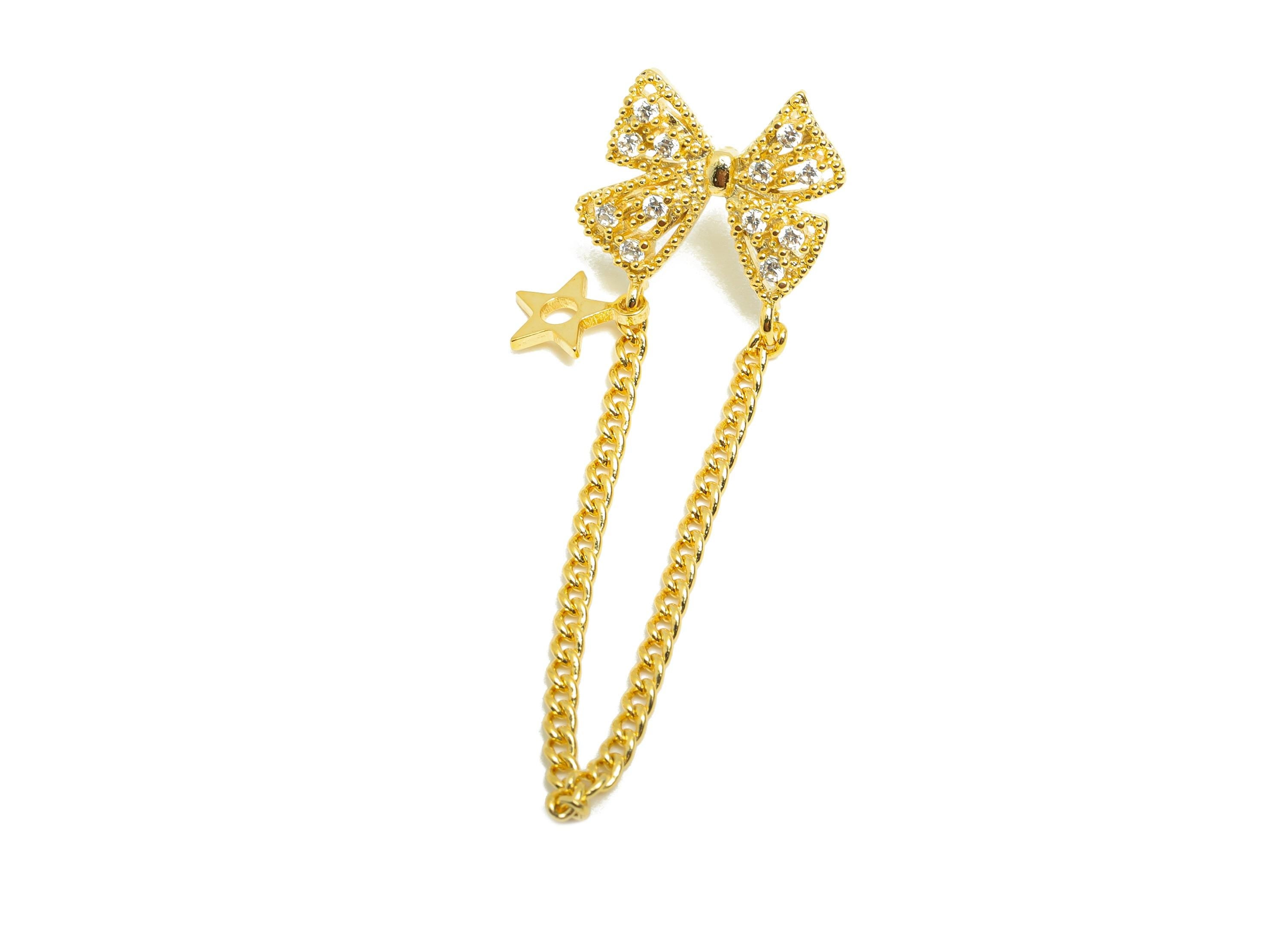 Brass Bow Tie Earring Stud - Gold Zircon Star Chain Dangle Ear - Bow Tie Daily Wear Ear - 18K Real Gold Plated - 46.48x15.25x2.94mm- RGP9078 - DOMEDBAZAAR