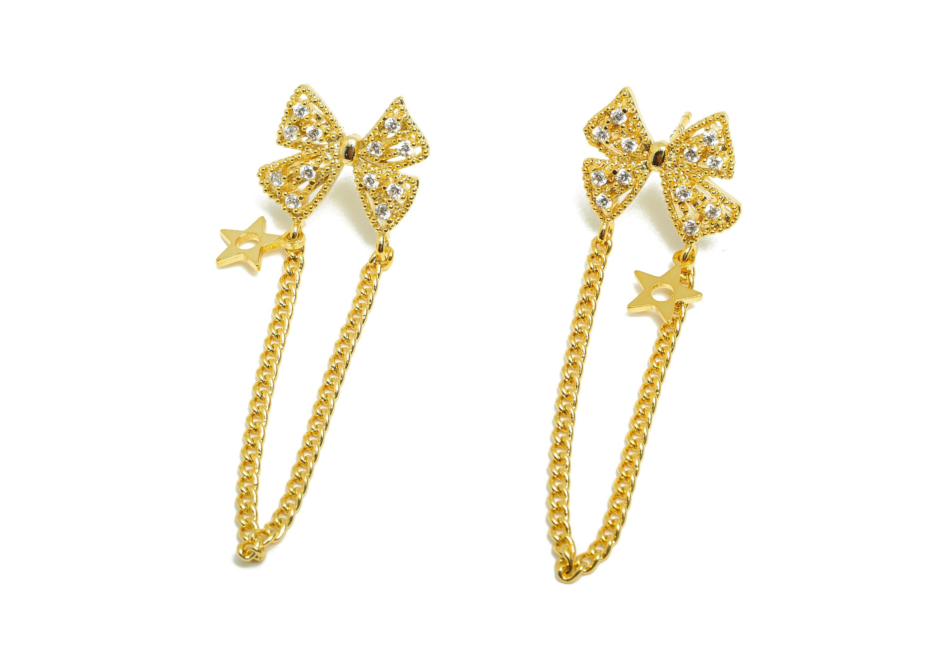 Brass Bow Tie Earring Stud - Gold Zircon Star Chain Dangle Ear - Bow Tie Daily Wear Ear - 18K Real Gold Plated - 46.48x15.25x2.94mm- RGP9078 - DOMEDBAZAAR