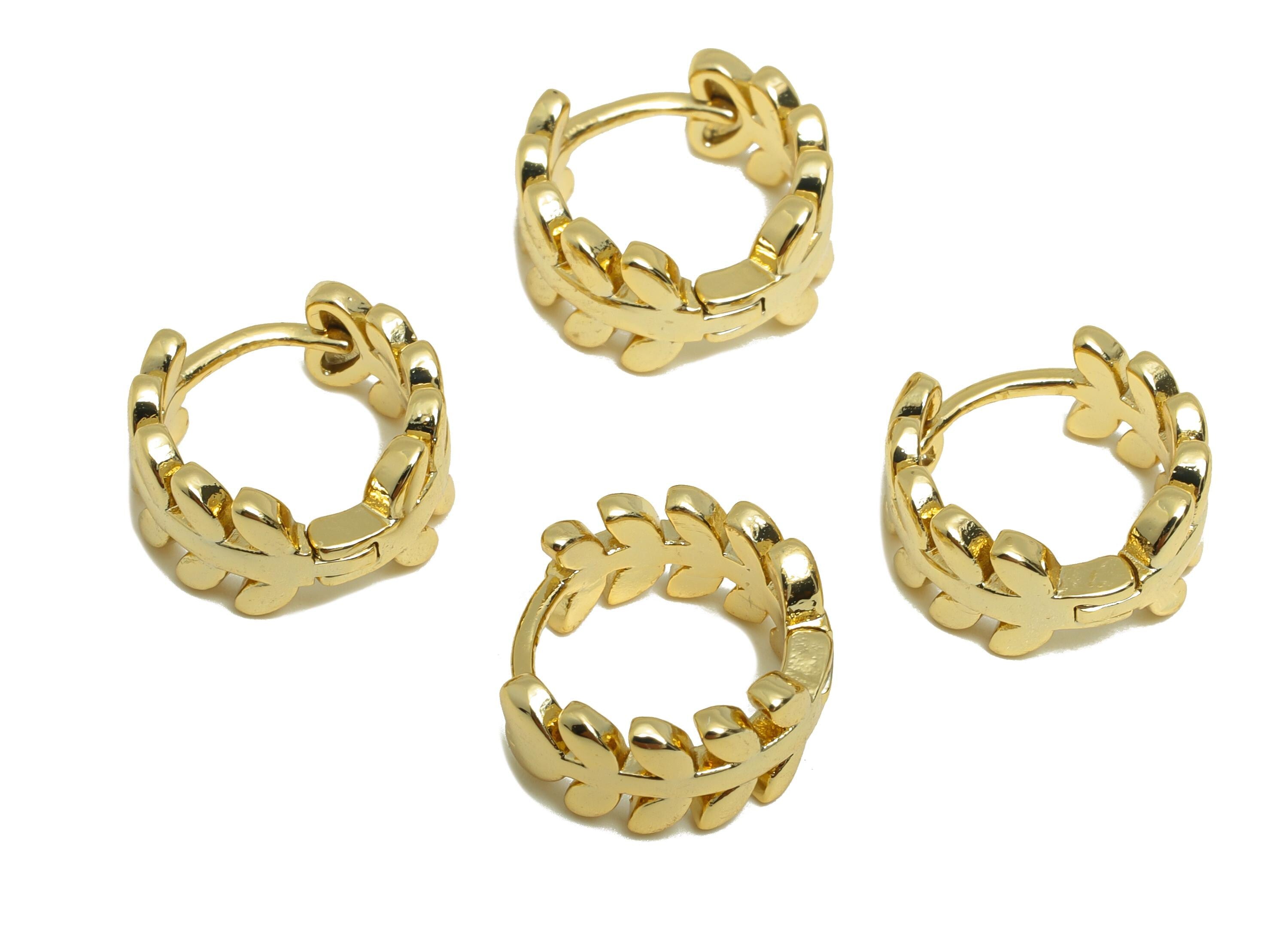 Brass Leaf Hoop Earring - Gold Mini Huggie Earring for Girl&#39;s - Leaves Daily Wear Earring - 18K Real Gold Plated - 11.53x11.4x1.3mm- RGP9091 - DOMEDBAZAAR