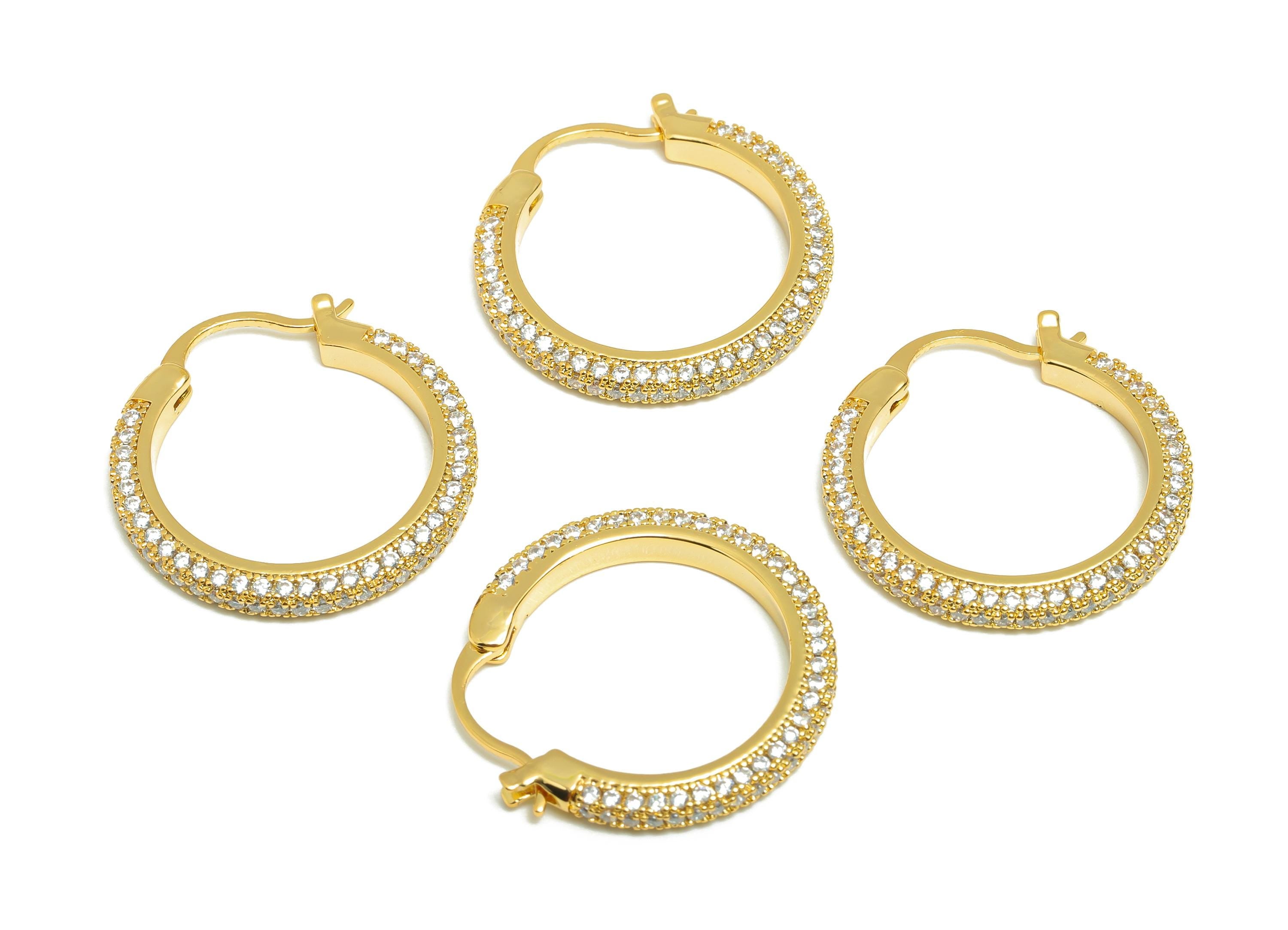 Brass Circle Hoop Earring - Gold Zircon 24mm Huggie Earring - Daily Wear Hinged Back Earring - 18K Real Gold Plated-24x24x2.85mm -RGP9093-24 - DOMEDBAZAAR