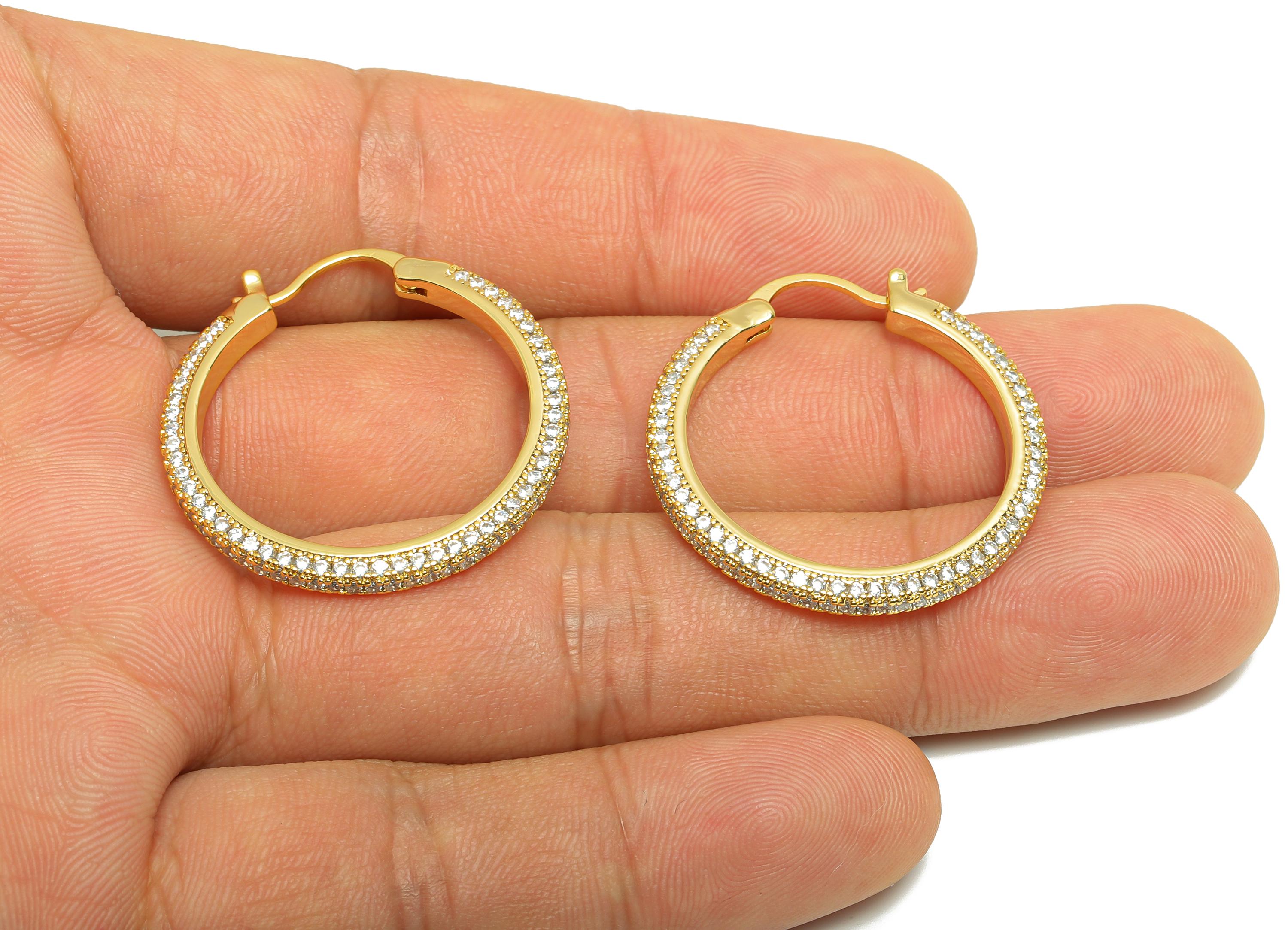 Brass Circle Hoop Earring - Gold Zircon 30mm Huggie Earring - Daily Wear Hinged Back Earring - 18K Real Gold Plated -30x30x2.9mm -RGP9093-30 - DOMEDBAZAAR