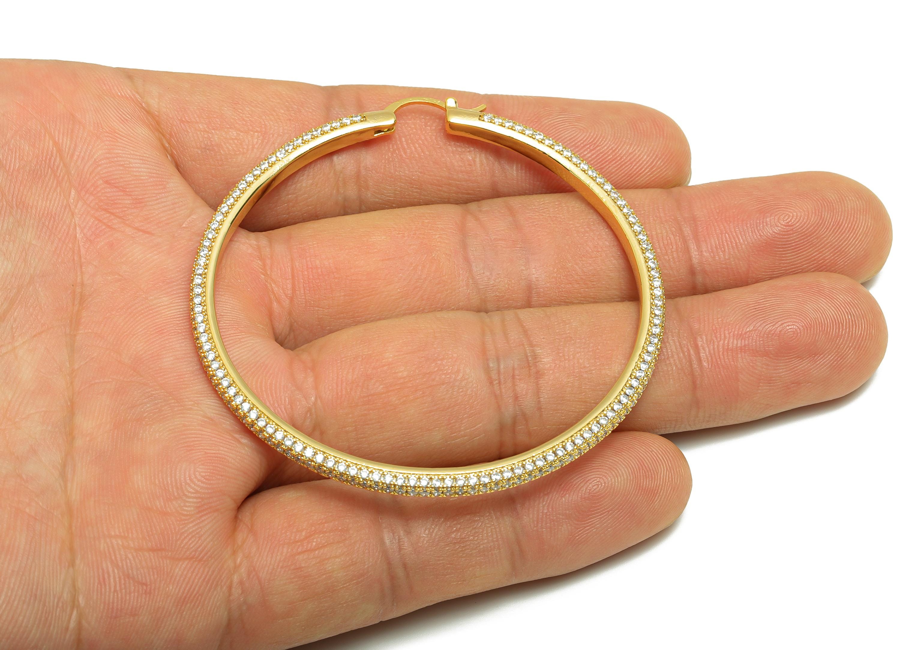 Brass Circle Hoop Earring - Gold Zircon 60mm Huggie Earring - Daily Wear Hinged Back Earring - 18K Real Gold Plated -60x60x3.1mm -RGP9093-60 - DOMEDBAZAAR
