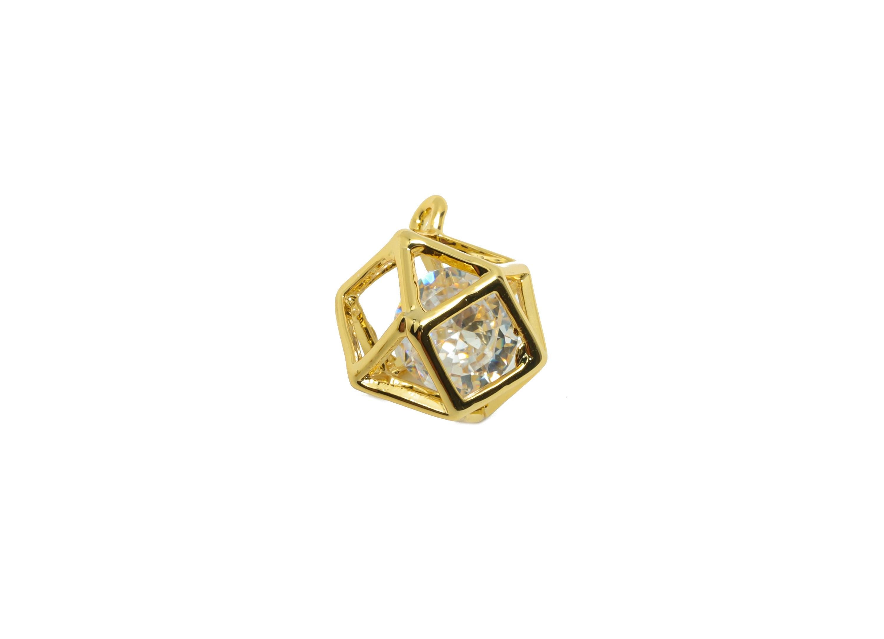 Brass Diamond Earring Charm - Gold Hollow Ball Charm for Bracelet - Zircon Pendant with Loop - 18K Real Gold Plating - 13x11x8.5mm - RGP8816 - DOMEDBAZAAR