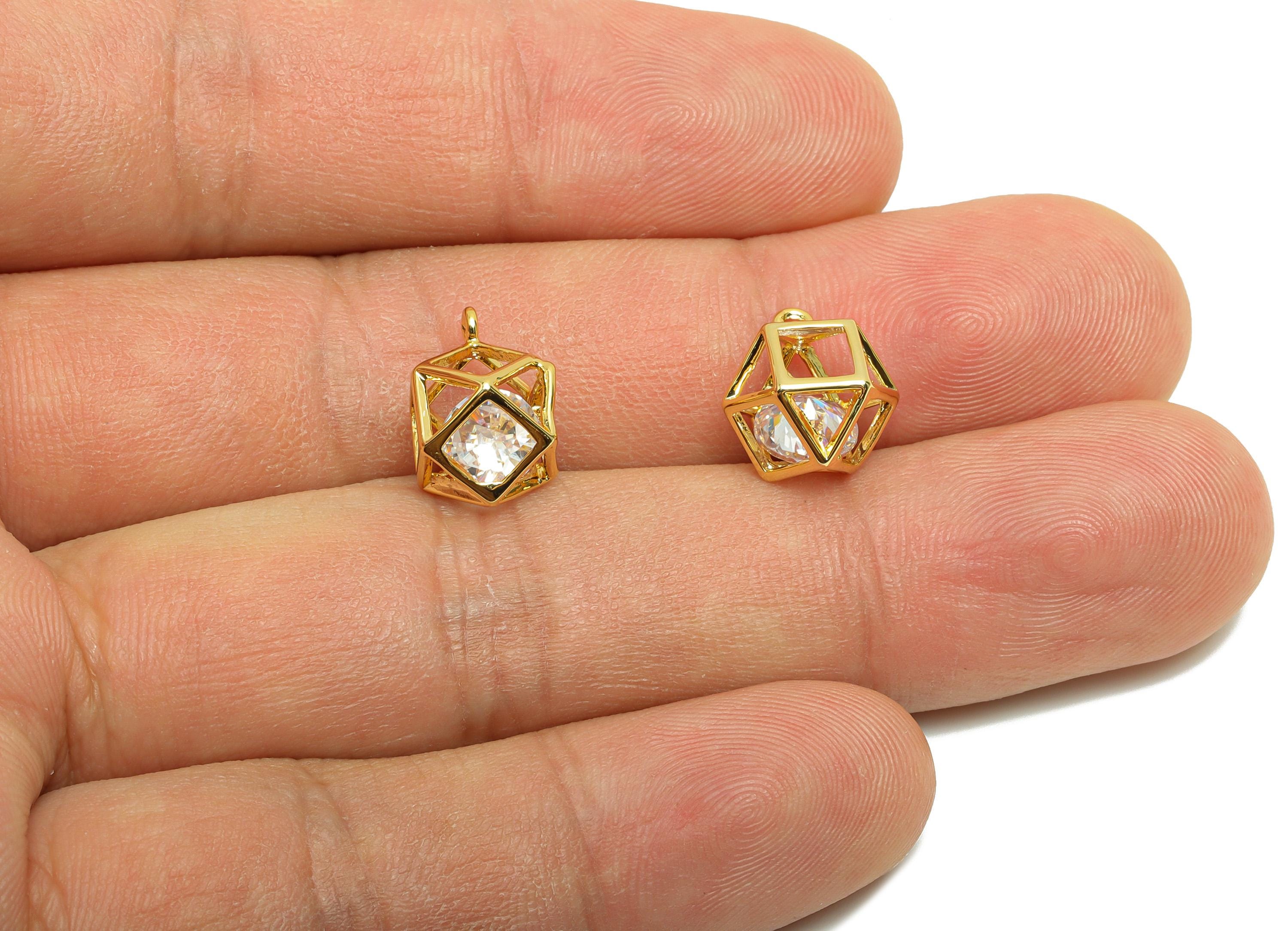 Brass Diamond Earring Charm - Gold Hollow Ball Charm for Bracelet - Zircon Pendant with Loop - 18K Real Gold Plating - 13x11x8.5mm - RGP8816 - DOMEDBAZAAR