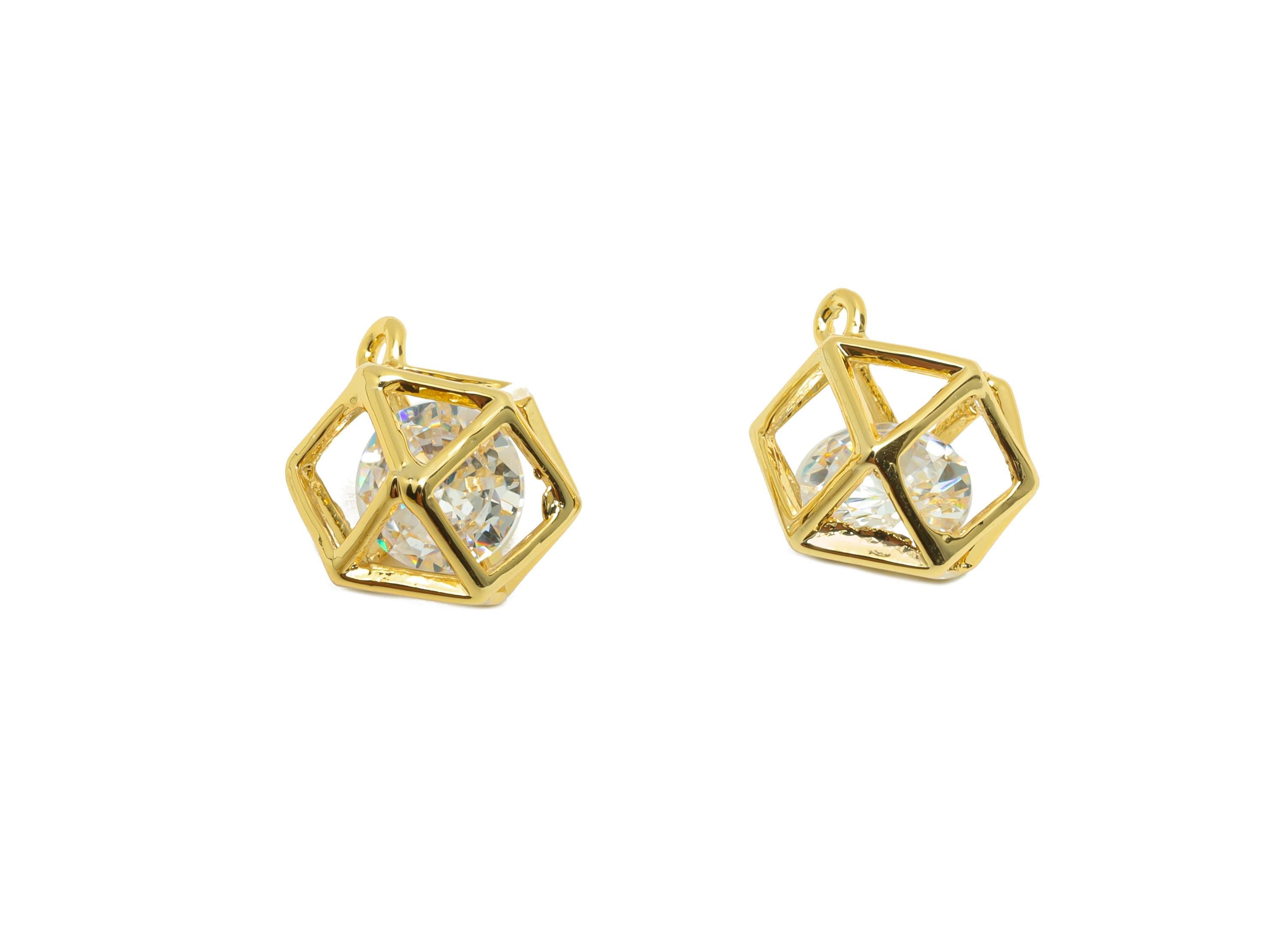 Brass Diamond Earring Charm - Gold Hollow Ball Charm for Bracelet - Zircon Pendant with Loop - 18K Real Gold Plating - 13x11x8.5mm - RGP8816 - DOMEDBAZAAR