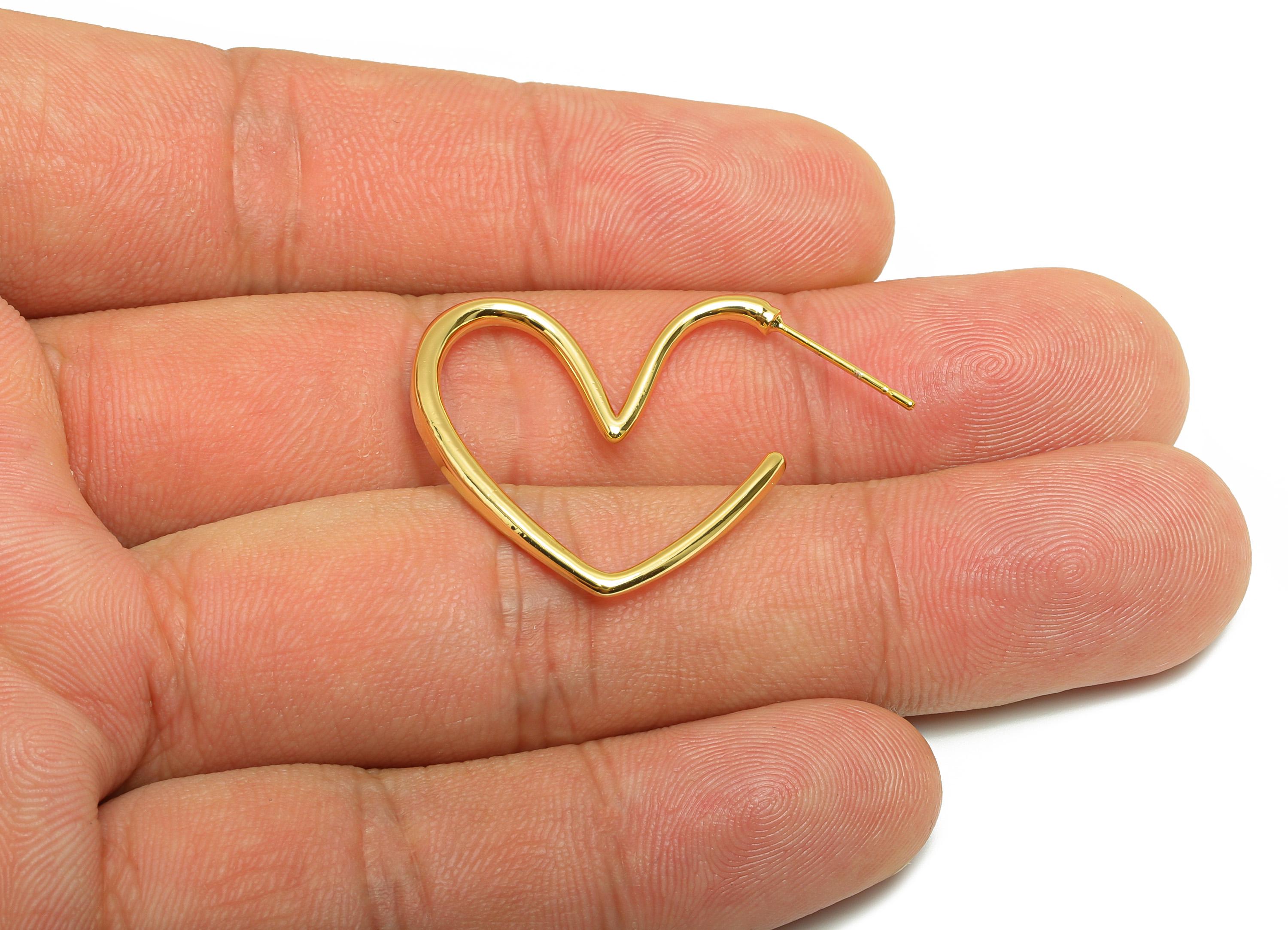 Brass Heart Earring - Gold Open Heart Earring Stud for Girls - Valentine&#39;s Day Earring Post - 18K Real Gold Plated -35.8x24.3x2.3mm- RGP8826 - DOMEDBAZAAR