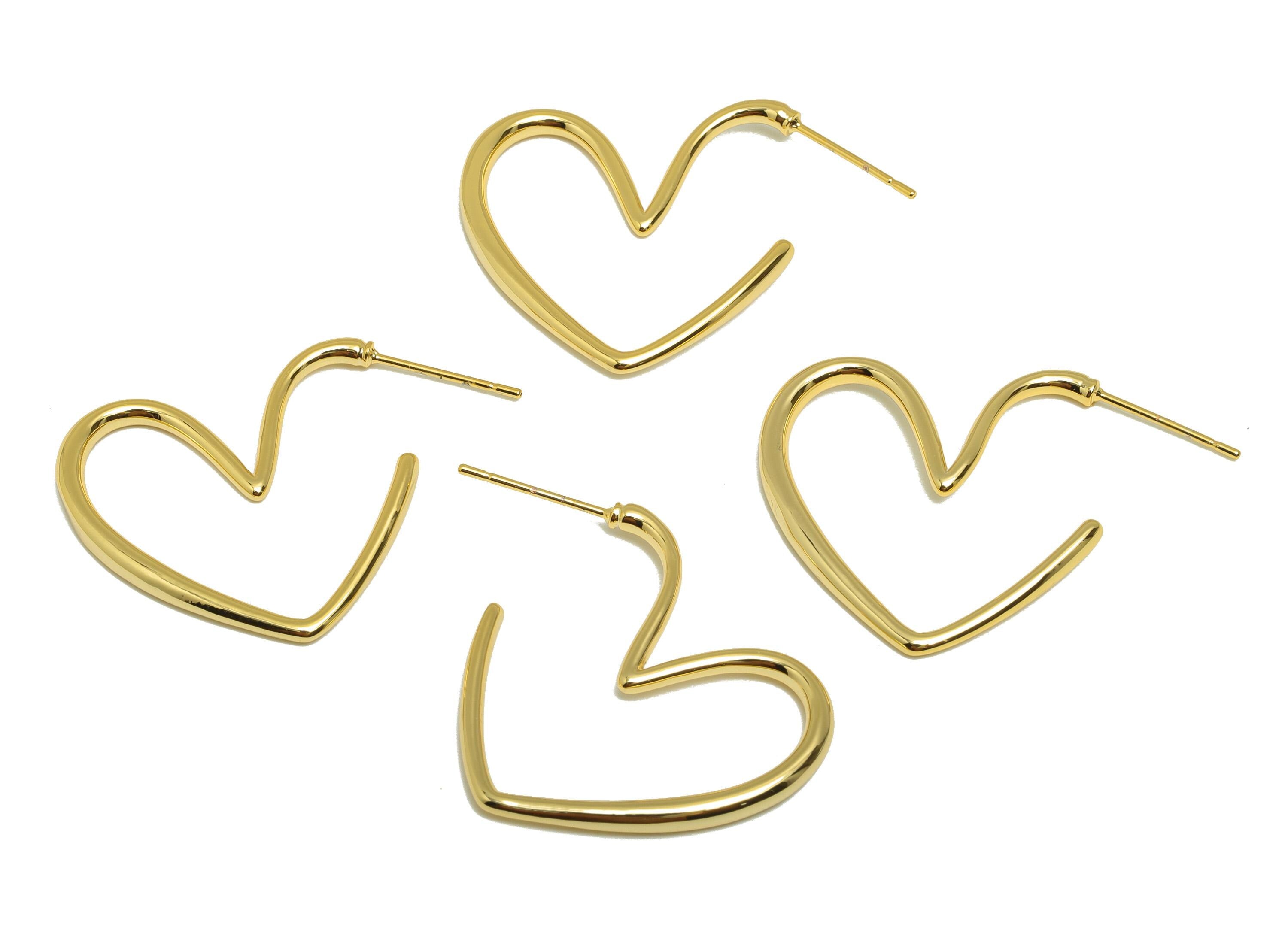 Brass Heart Earring - Gold Open Heart Earring Stud for Girls - Valentine&#39;s Day Earring Post - 18K Real Gold Plated -35.8x24.3x2.3mm- RGP8826 - DOMEDBAZAAR