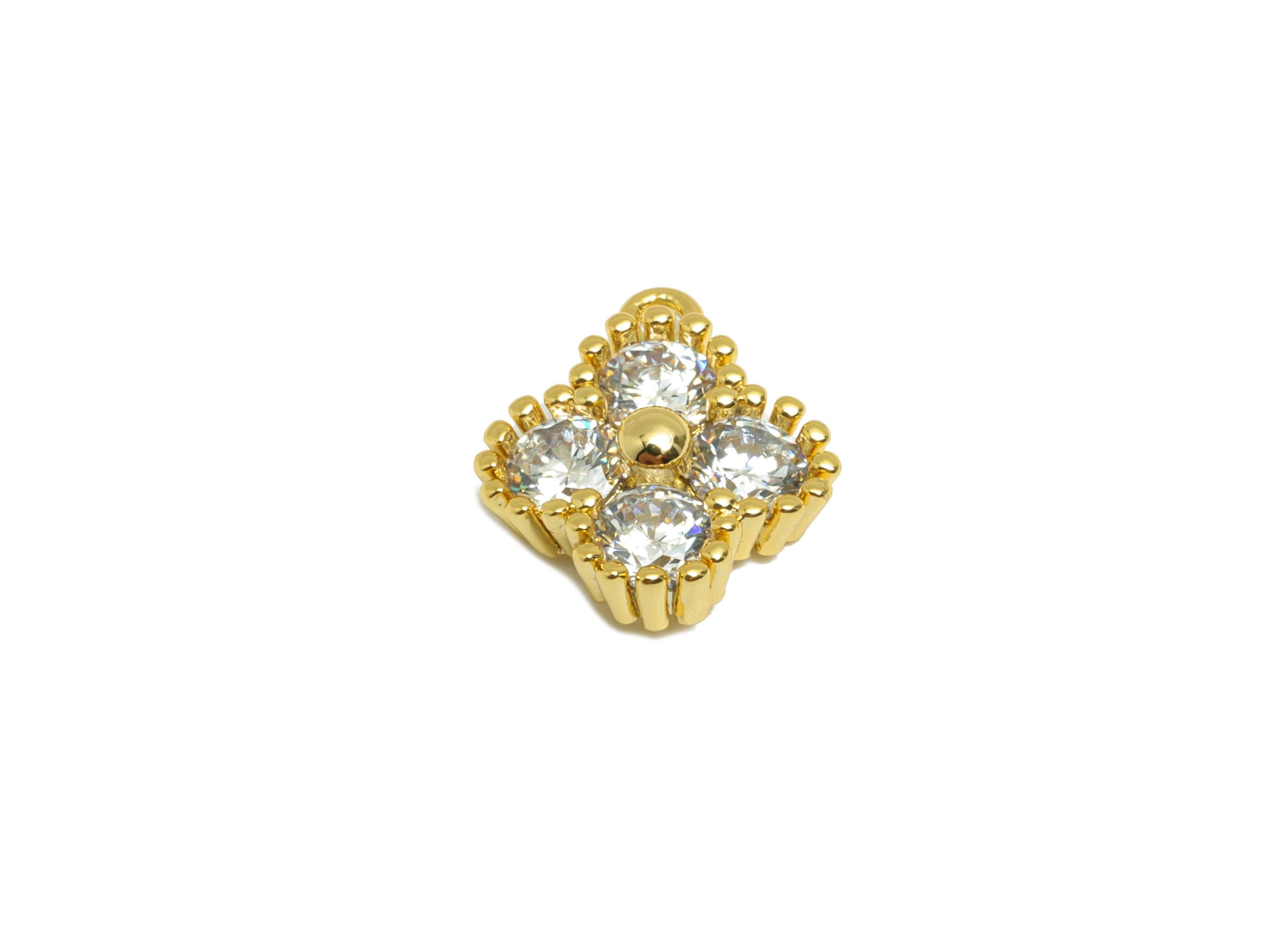 Brass Square Zircon Charm - Gold Textured Earring Charm for Bracelet - Round CZ Pendant - 18K Real Gold Plating - 12x10.5x4.3mm - RGP8827 - DOMEDBAZAAR