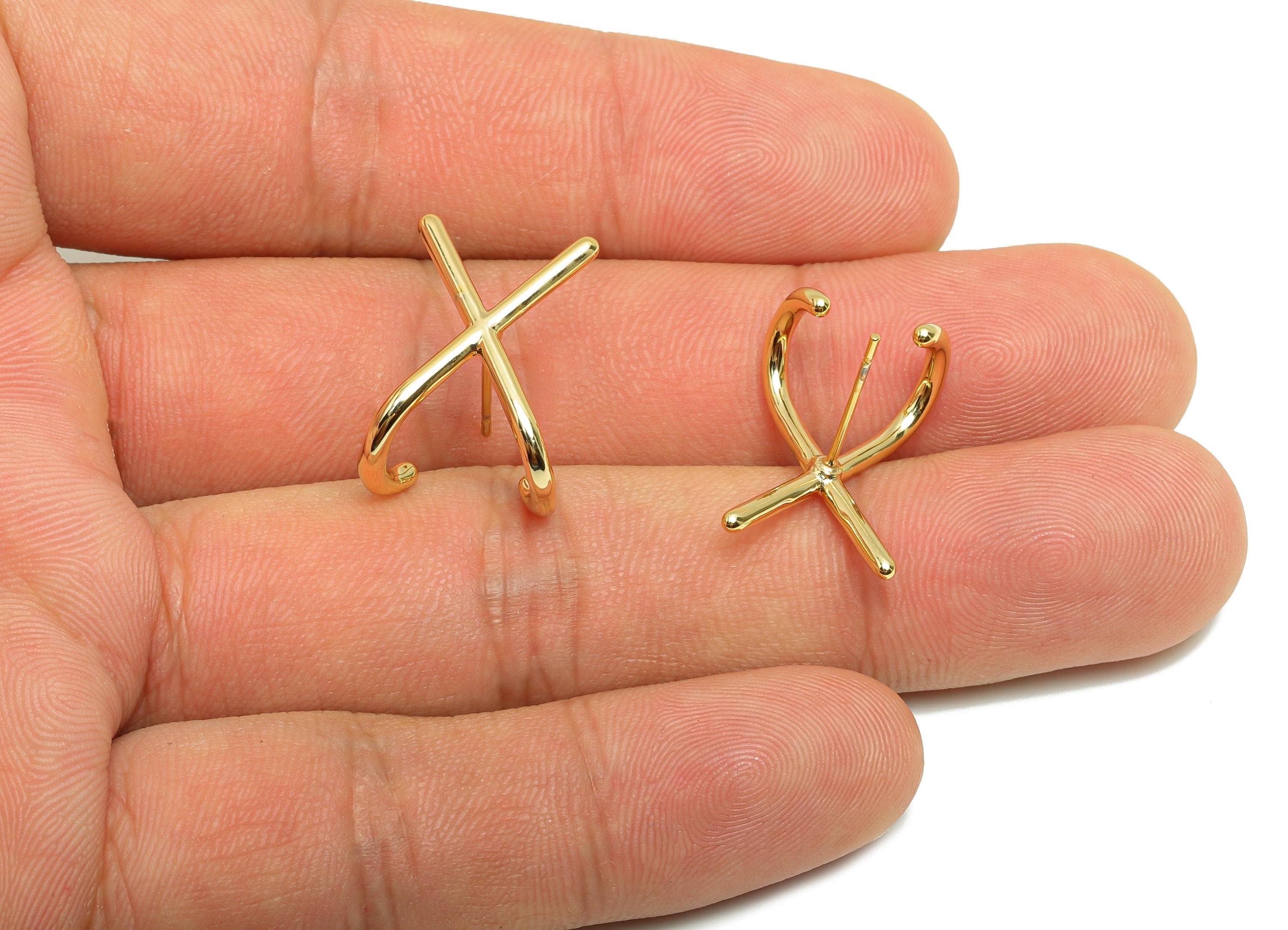 Brass X Earring Stud - Gold Minimalist Earring Post for Women - Double J Daily Wear Earring - 18K Real Gold Plated -19.9x12.5x1.94mm-RGP8831 - DOMEDBAZAAR