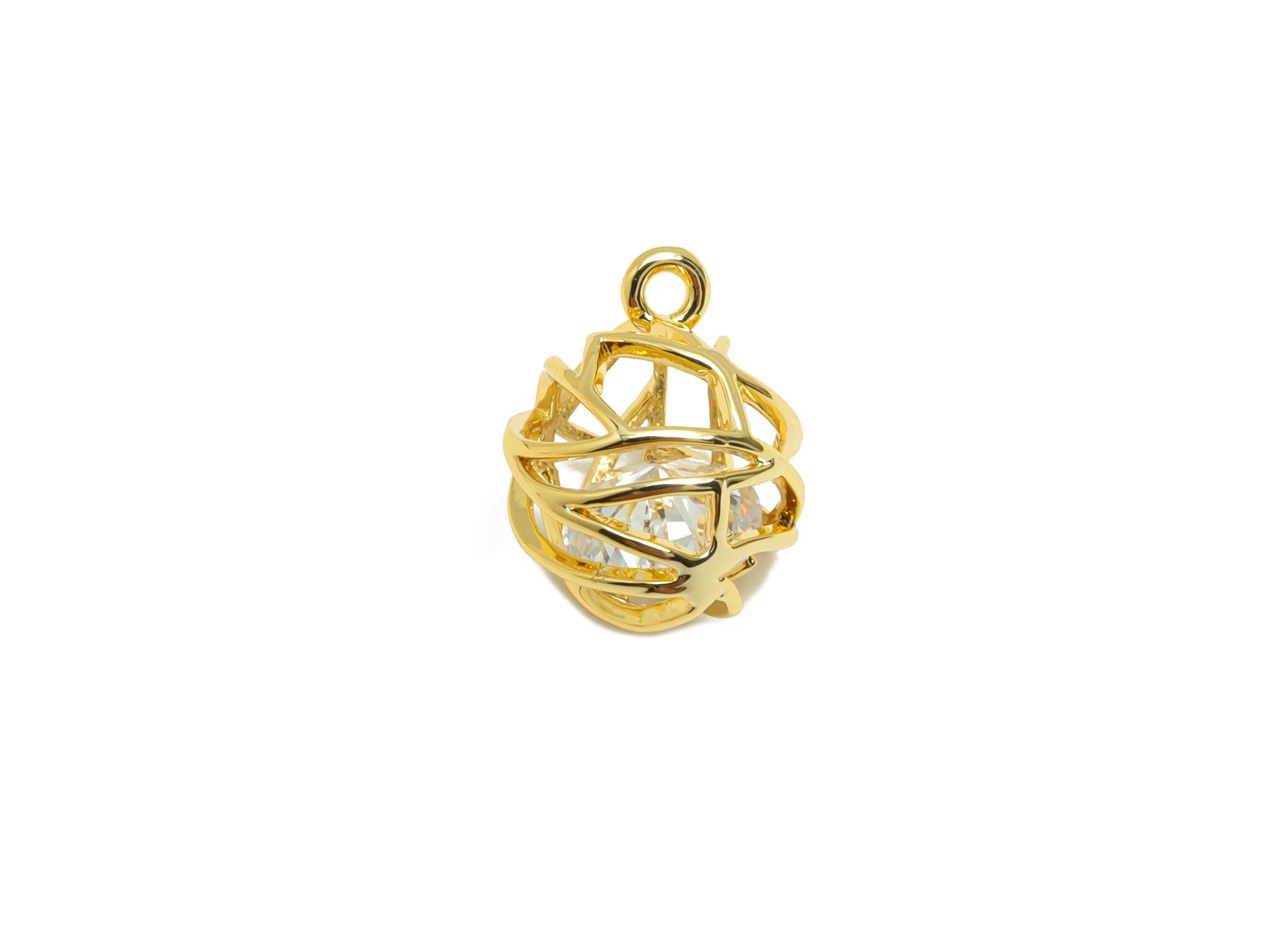 Brass Ball Earring Charm - Gold Round Hollow Charm for Bracelet - Zircon Pendant with Loop - 18K Real Gold Plating - 12x9.9x9.9mm - RGP8832 - DOMEDBAZAAR