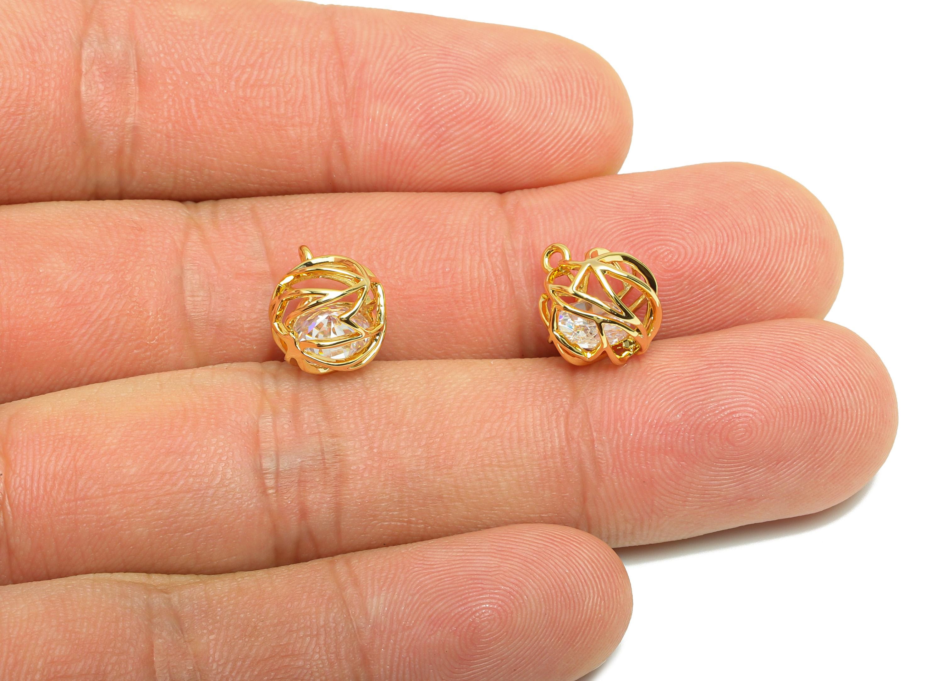 Brass Ball Earring Charm - Gold Round Hollow Charm for Bracelet - Zircon Pendant with Loop - 18K Real Gold Plating - 12x9.9x9.9mm - RGP8832 - DOMEDBAZAAR