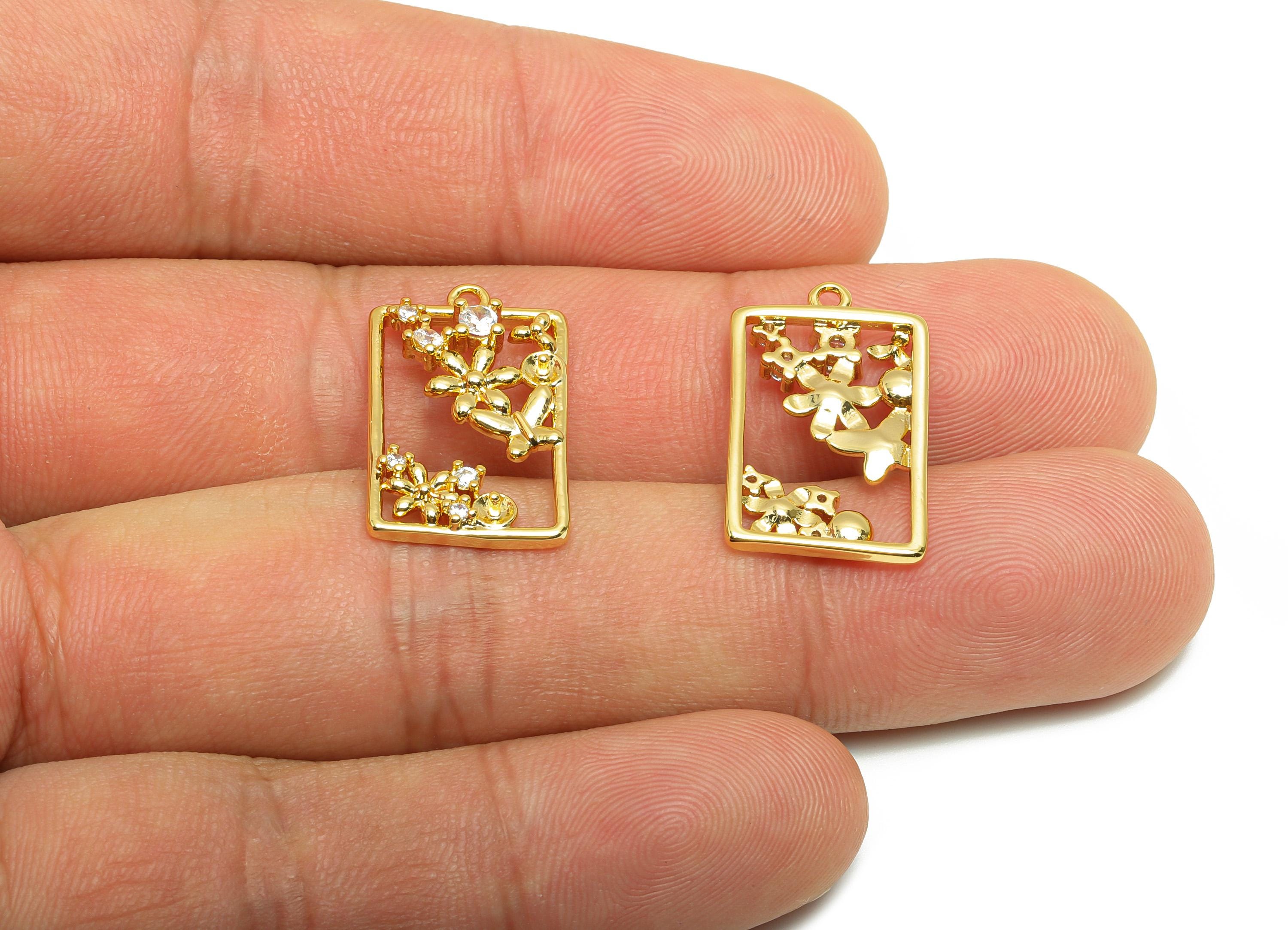 Brass Rectangle Charm - Gold Garden Earring Charm for Necklace - Zircon Hollow Pendant - 18K Real Gold Plating - 21x13.3x3.2mm- RGP8842 - DOMEDBAZAAR