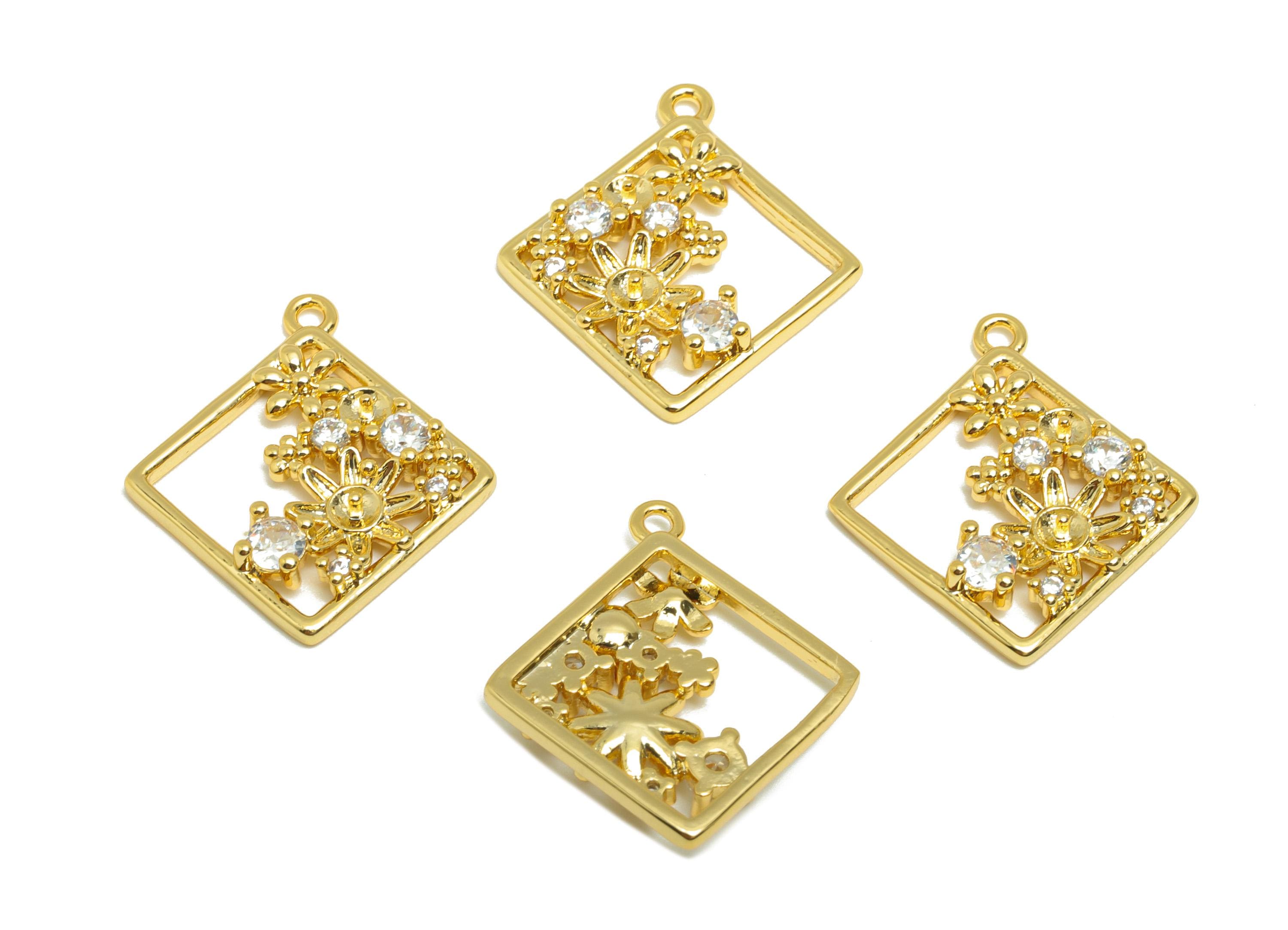 Brass Square Garden Charm - Gold Flower Earring Charm for Necklace - Zircon Hollow Pendant - 18K Real Gold Plating - 21x18.7x2.9mm - RGP8843 - DOMEDBAZAAR