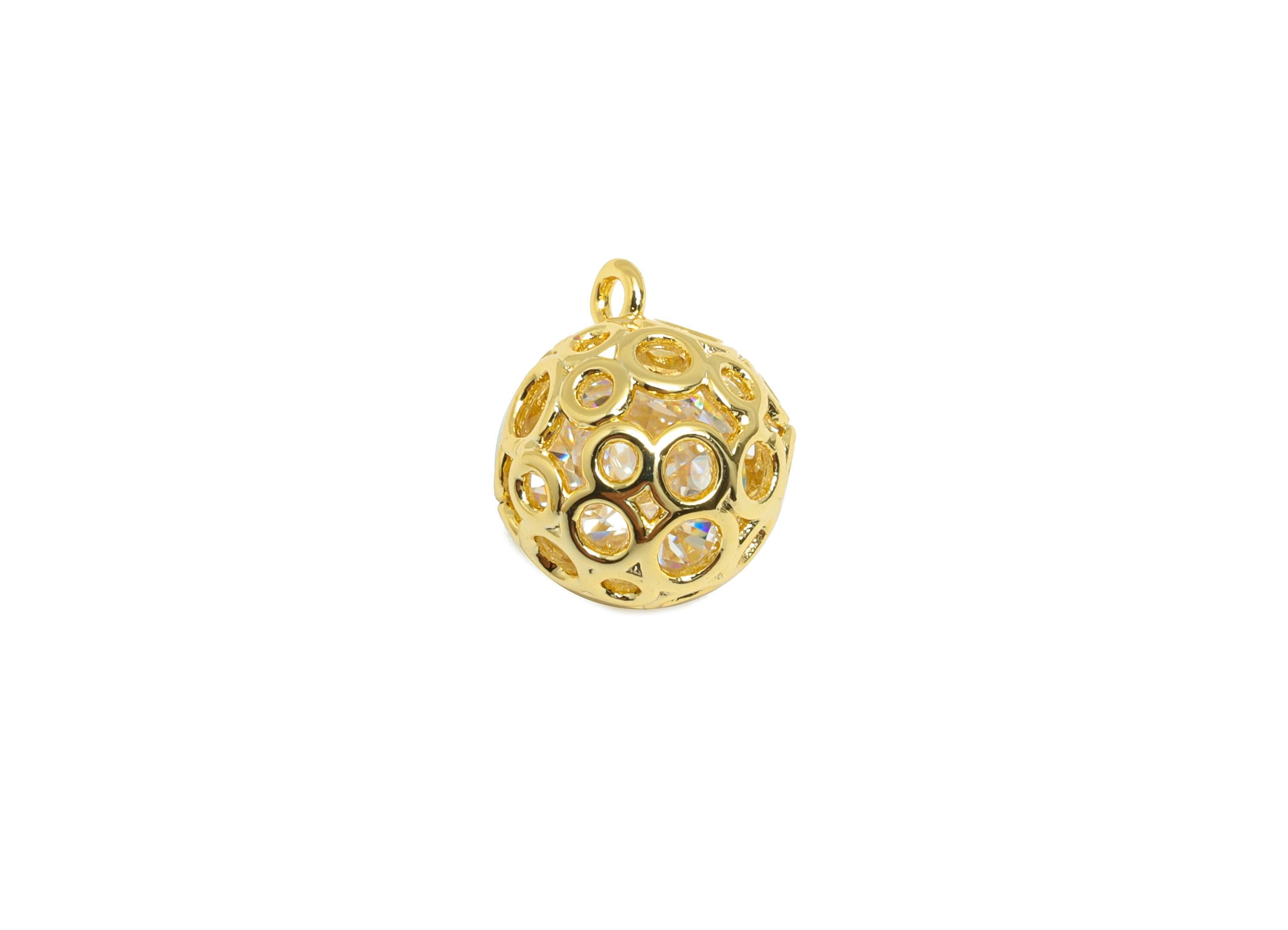 Brass Ball Earring Charm - Gold Round Hollow Charm for Bracelet - Zircon Pendant with Loop - 18K Real Gold Plating - 12.3x10x10mm - RGP8848 - DOMEDBAZAAR