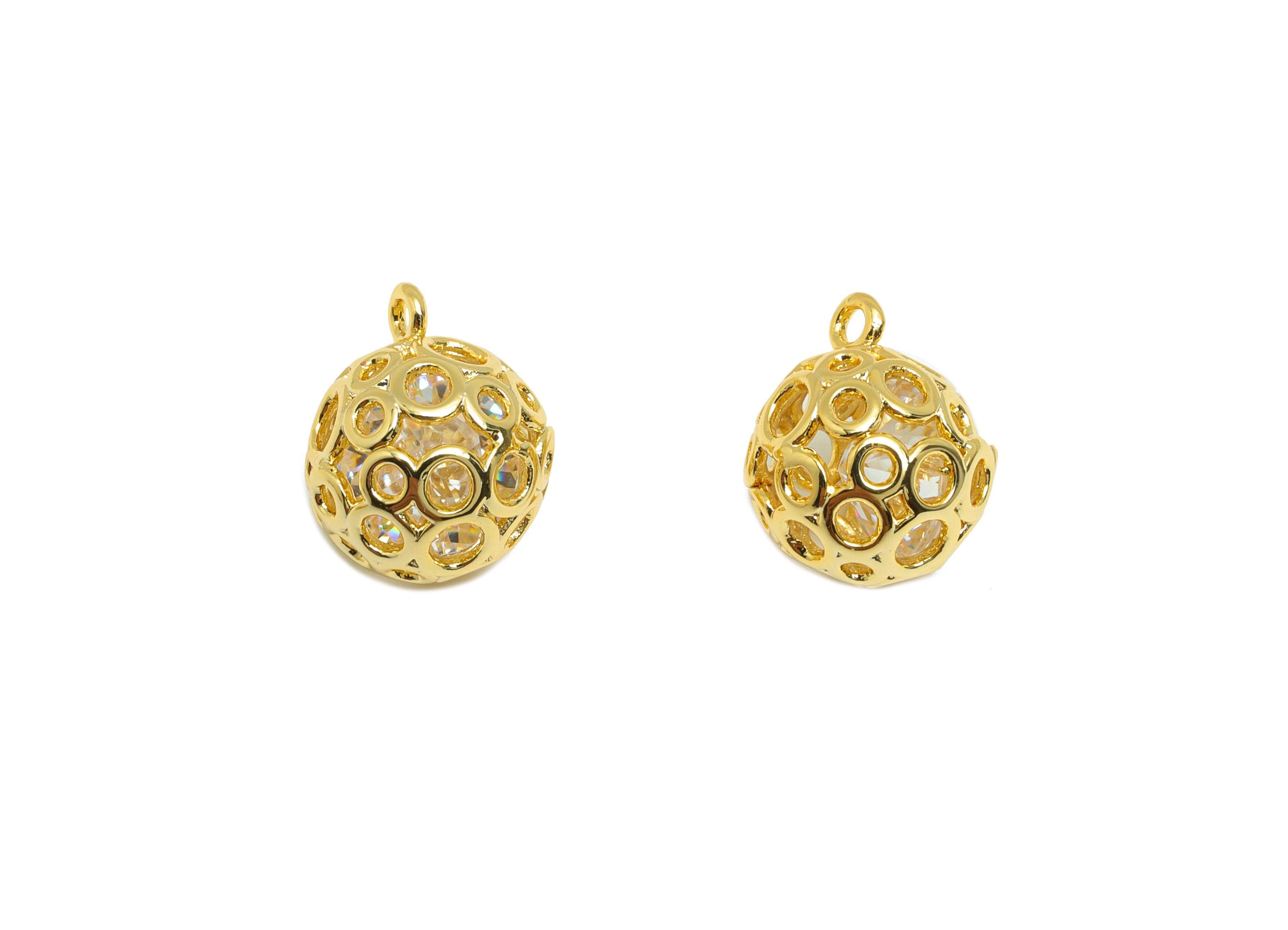 Brass Ball Earring Charm - Gold Round Hollow Charm for Bracelet - Zircon Pendant with Loop - 18K Real Gold Plating - 12.3x10x10mm - RGP8848 - DOMEDBAZAAR