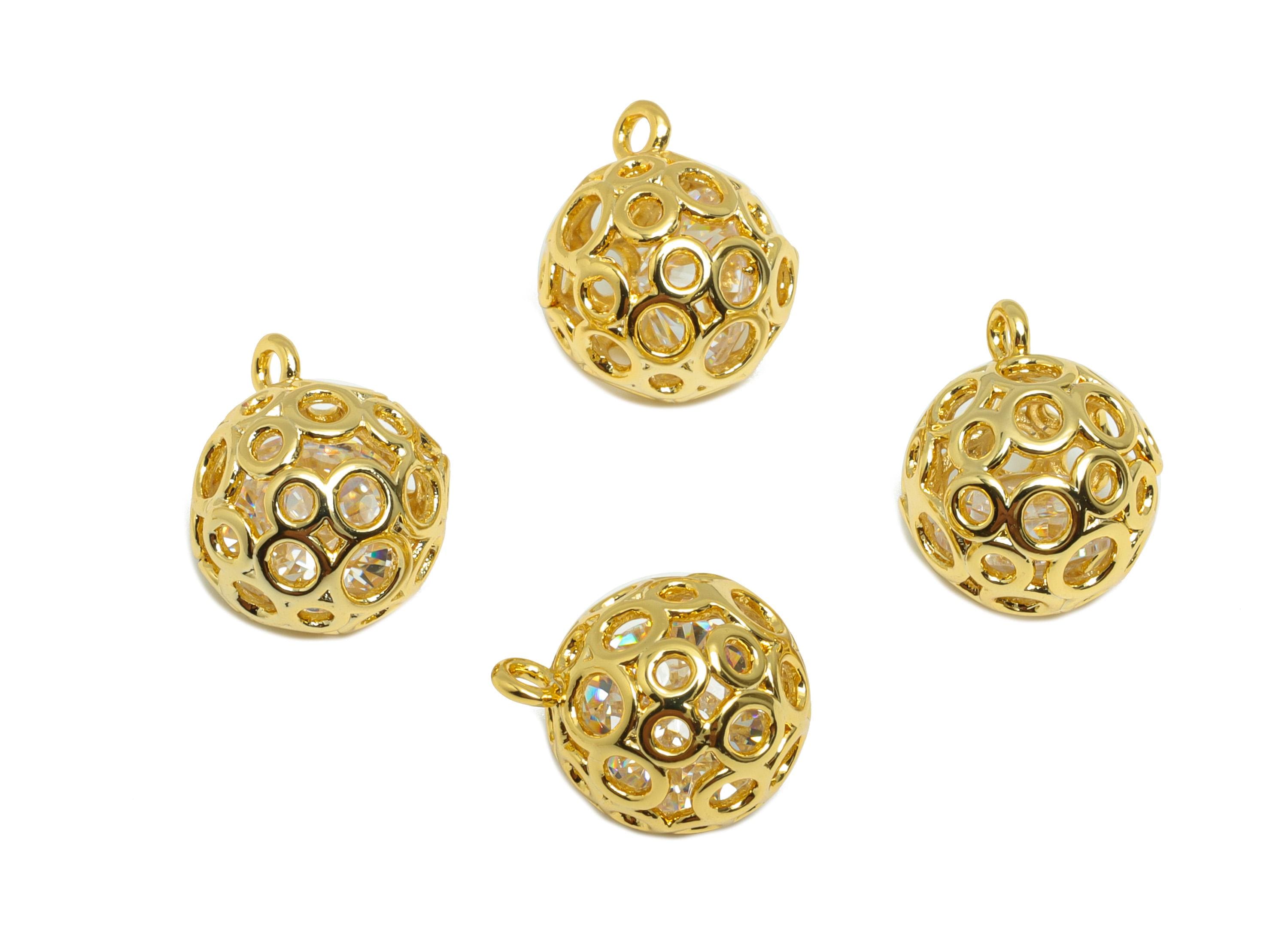 Brass Ball Earring Charm - Gold Round Hollow Charm for Bracelet - Zircon Pendant with Loop - 18K Real Gold Plating - 12.3x10x10mm - RGP8848 - DOMEDBAZAAR