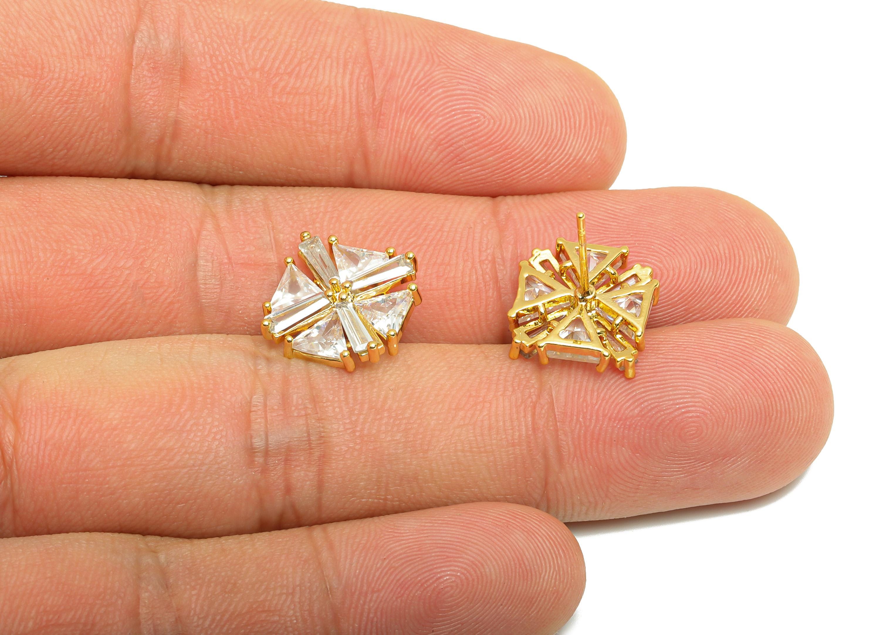 Brass Square Earring Stud - Gold Zircon Windmill Earring Post for Women - Daily Wear Earring - 18K Real Gold Plated -15.6x12.9x4mm - RGP8852 - DOMEDBAZAAR