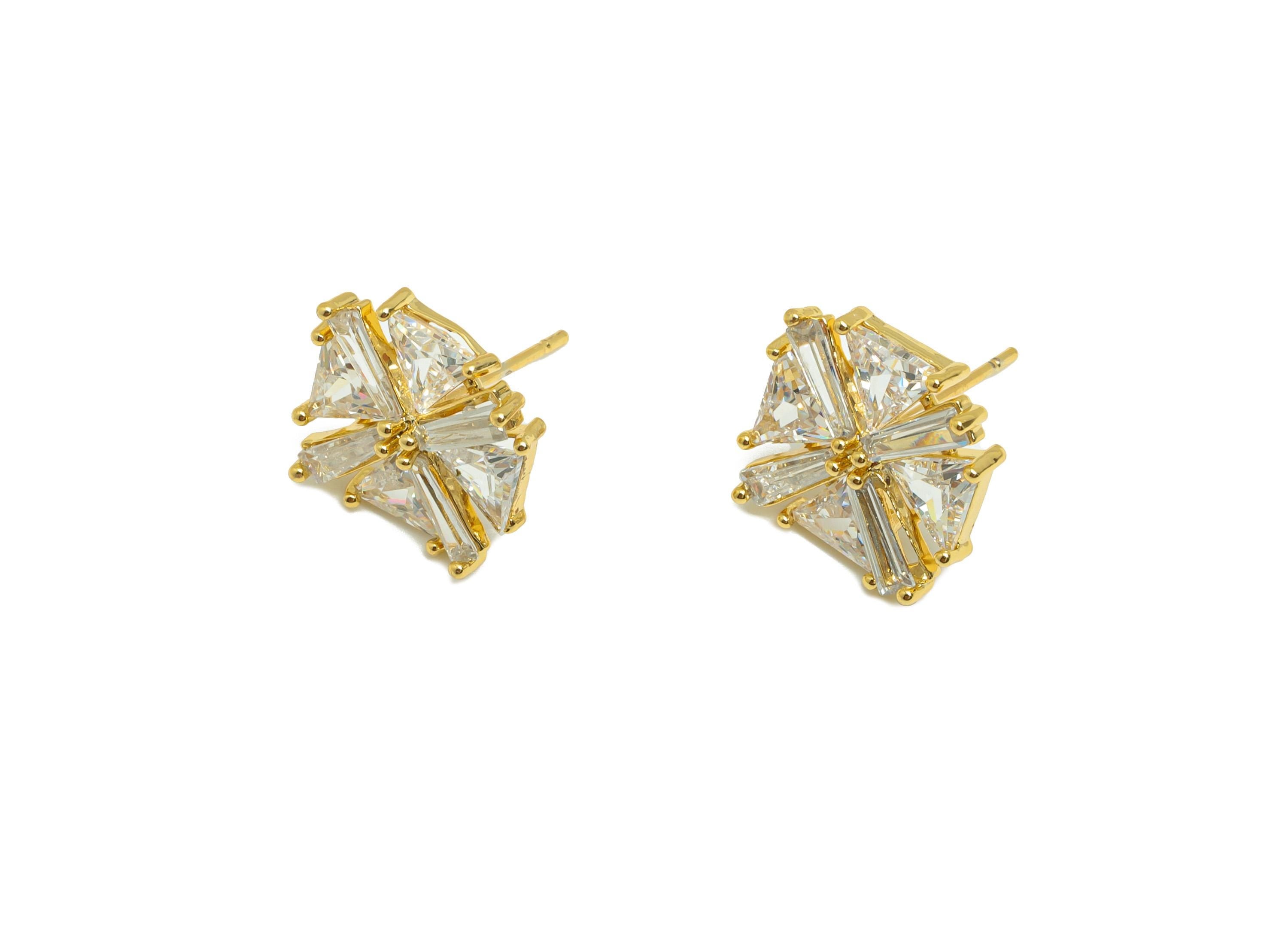 Brass Square Earring Stud - Gold Zircon Windmill Earring Post for Women - Daily Wear Earring - 18K Real Gold Plated -15.6x12.9x4mm - RGP8852 - DOMEDBAZAAR