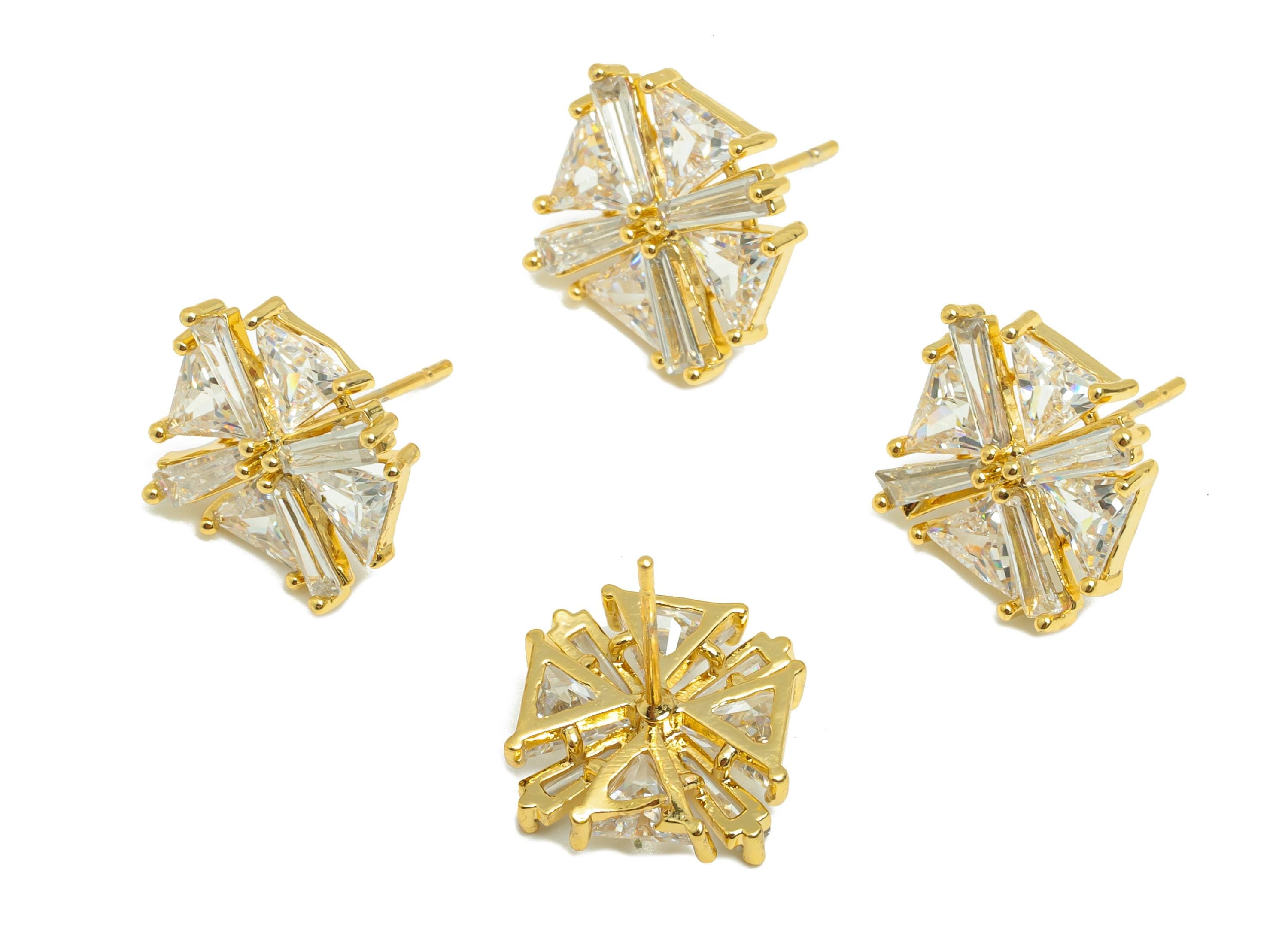 Brass Square Earring Stud - Gold Zircon Windmill Earring Post for Women - Daily Wear Earring - 18K Real Gold Plated -15.6x12.9x4mm - RGP8852 - DOMEDBAZAAR