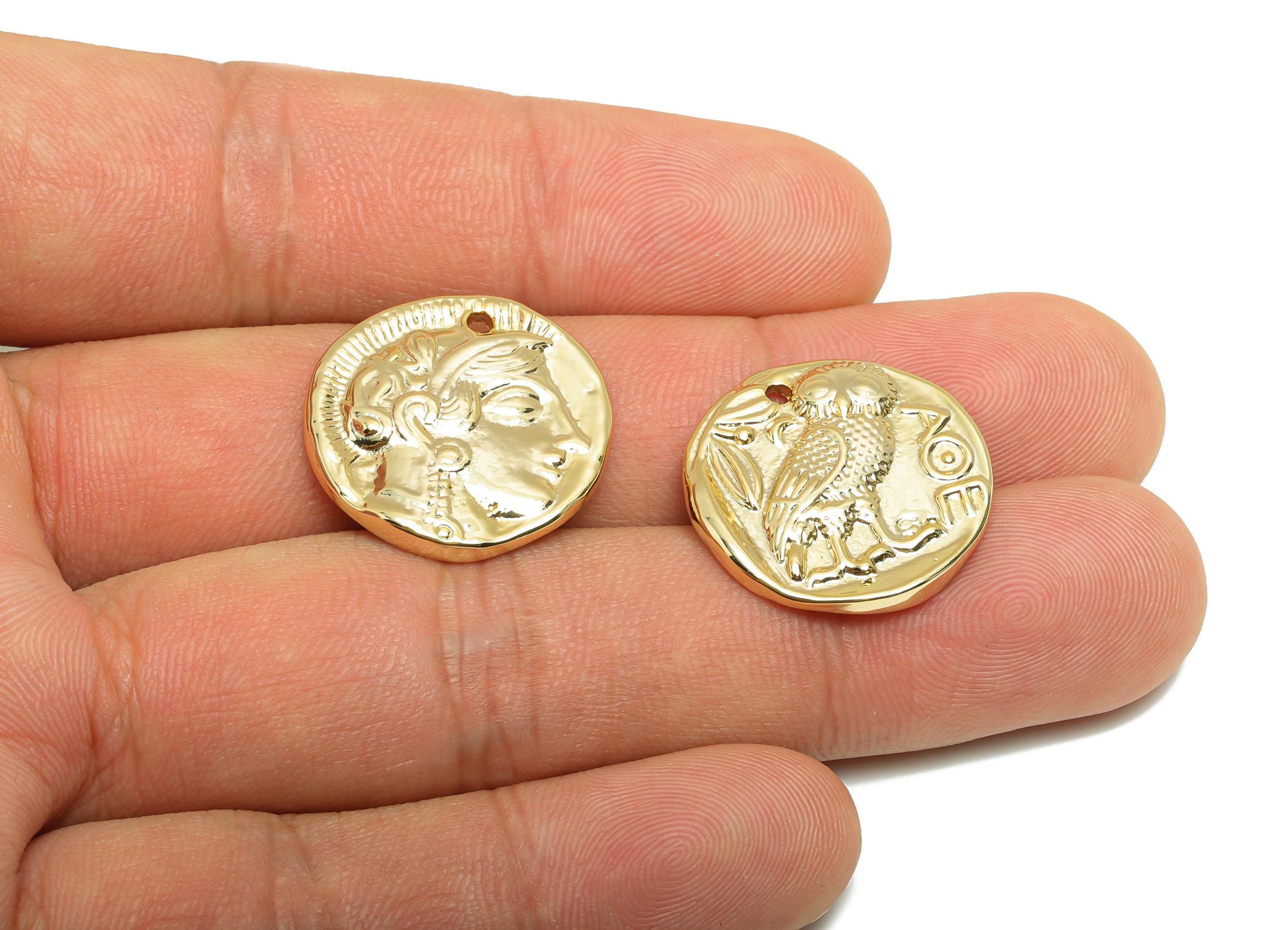 Brass Round Earring Charm - Gold Relief Owl Charm for Necklace - Animal Pendant with Loop - 18K Real Gold Plating - 21x21x3.33mm - RGP8853 - DOMEDBAZAAR