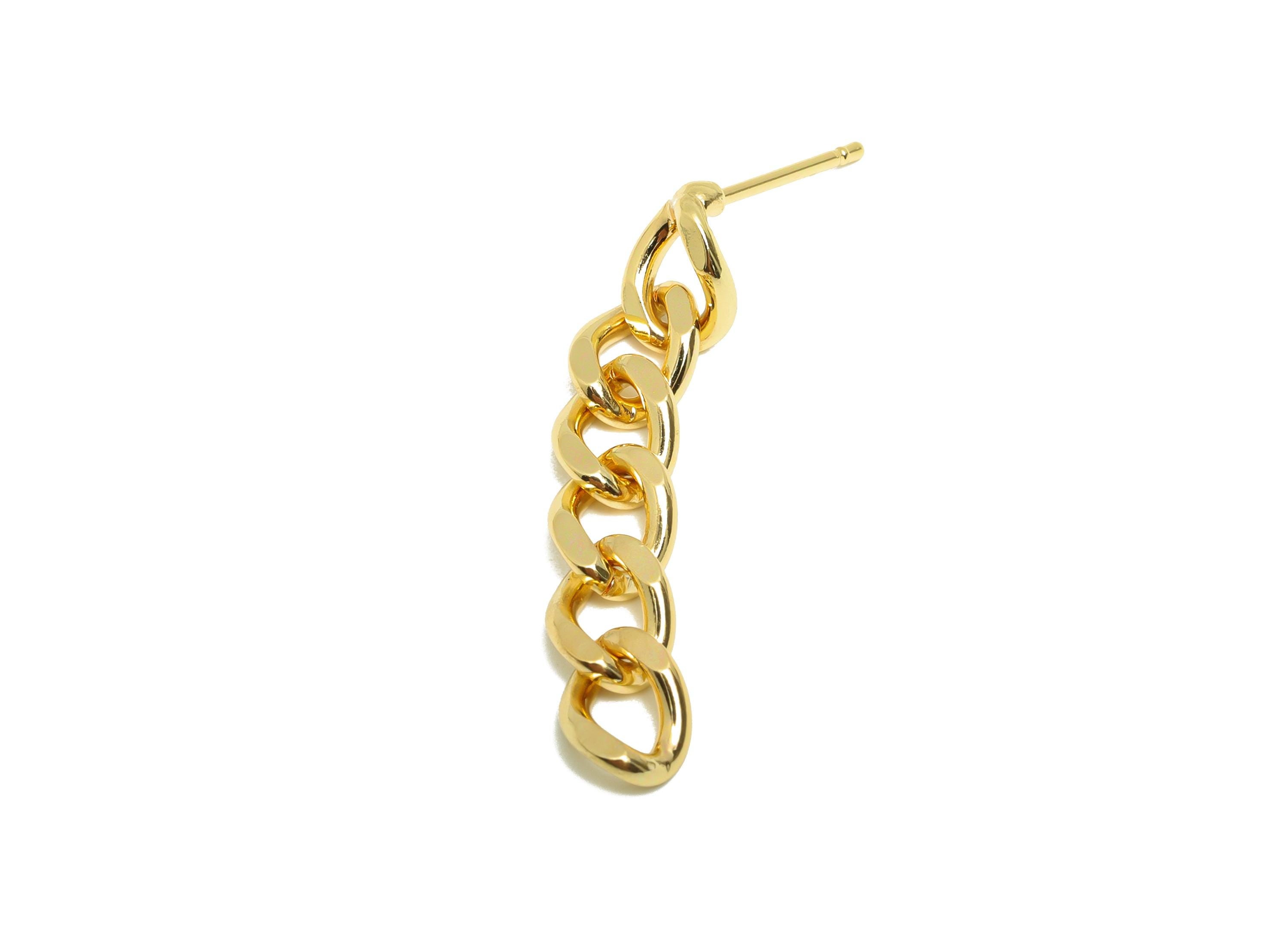 Brass Cube Chain Earring - Gold Chain Ear Post for Woman&#39;s - Tassel Chain Stud Earring - 18K Real Gold Plating - 35.25x6.43x1.47mm - RGP9104 - DOMEDBAZAAR