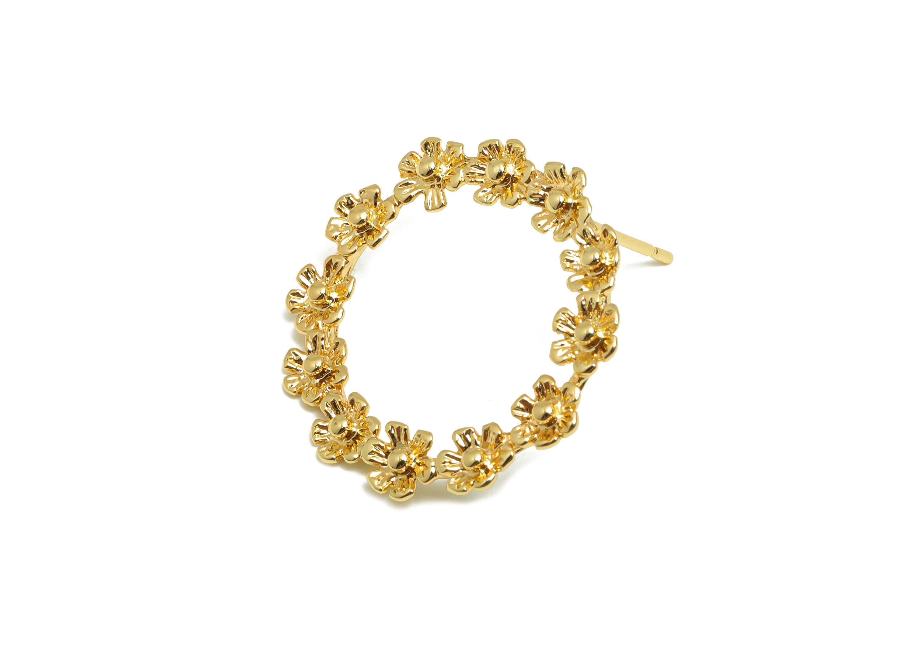 Brass Flower Earring Stud - Gold Circle Earring Post for Girls - Textured Daily Wear Ear - 18K Real Gold Plated -23.24x23.28x2.26mm -RGP9108 - DOMEDBAZAAR