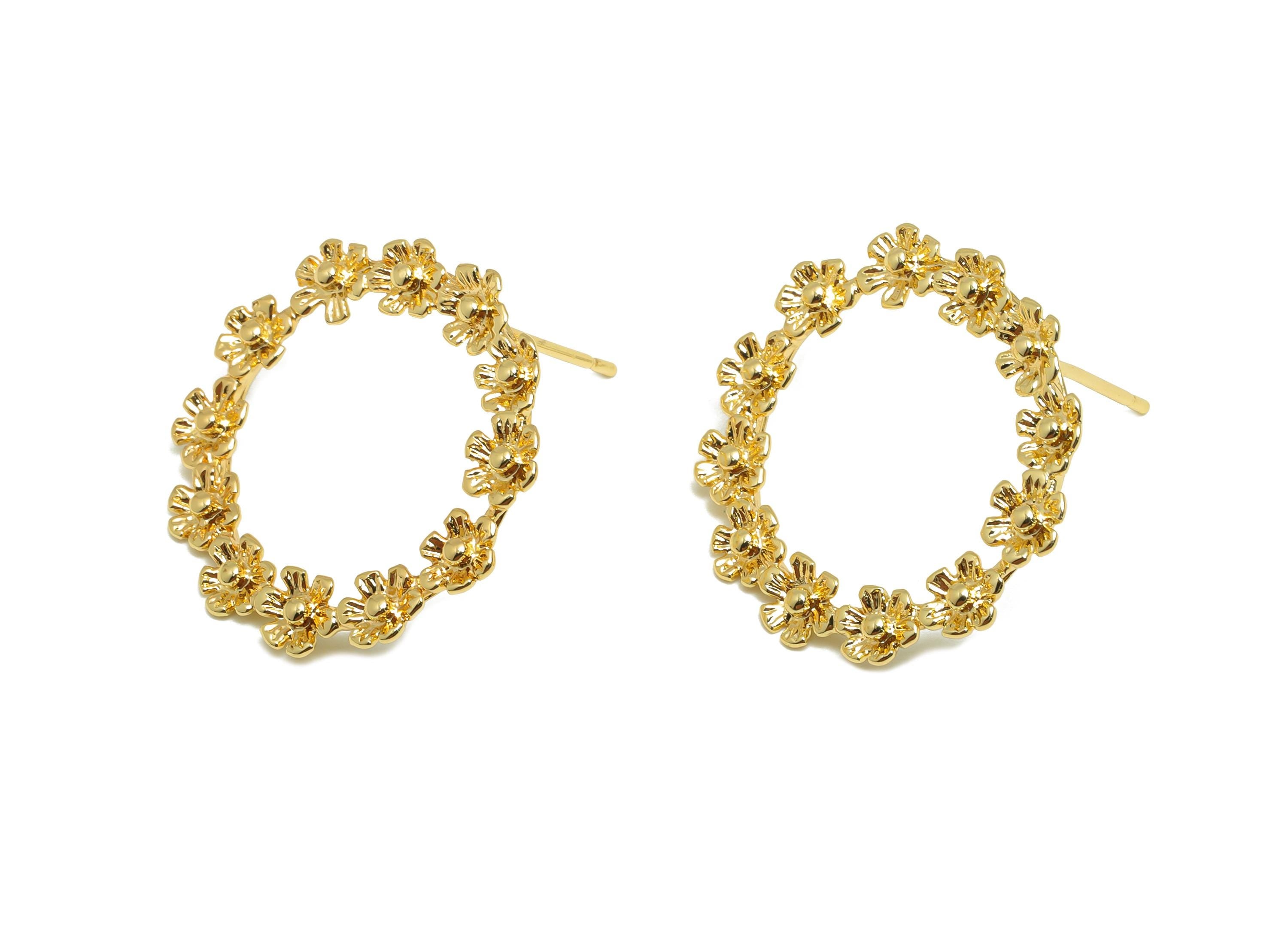 Brass Flower Earring Stud - Gold Circle Earring Post for Girls - Textured Daily Wear Ear - 18K Real Gold Plated -23.24x23.28x2.26mm -RGP9108 - DOMEDBAZAAR
