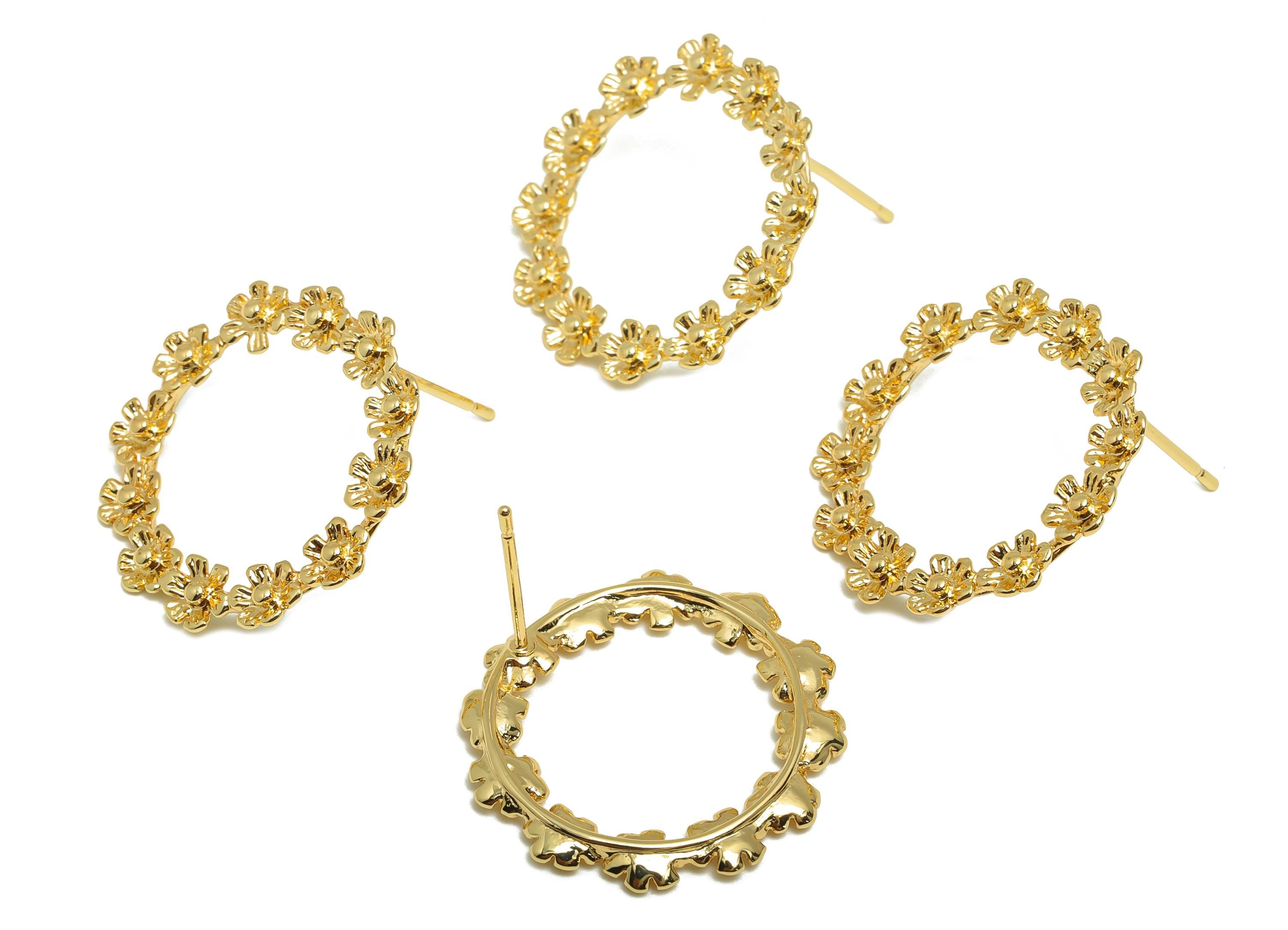 Brass Flower Earring Stud - Gold Circle Earring Post for Girls - Textured Daily Wear Ear - 18K Real Gold Plated -23.24x23.28x2.26mm -RGP9108 - DOMEDBAZAAR
