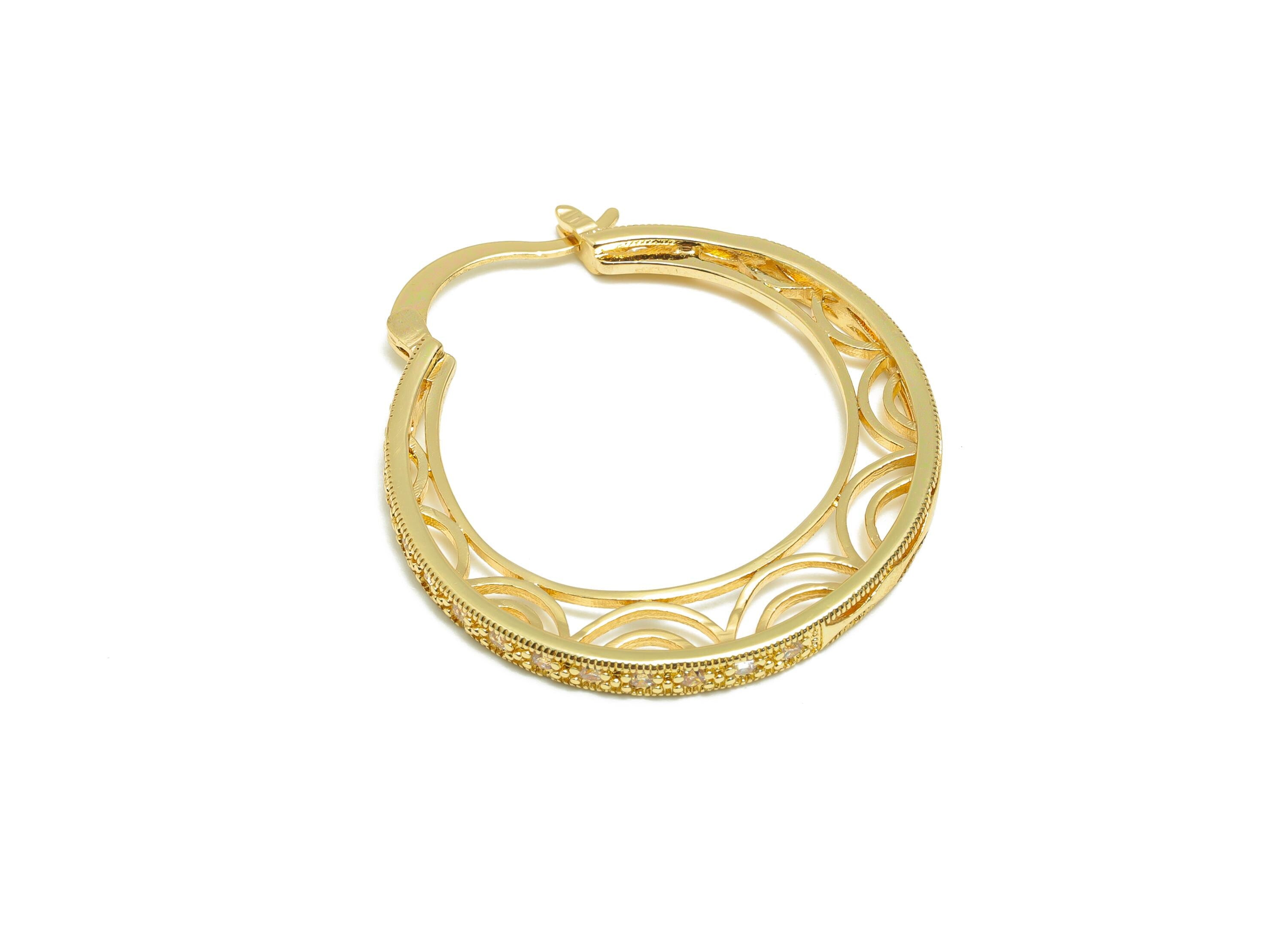 Brass Hinged Back Earring - Gold Zircon Hollow Huggie Earring - Textured Daily Wear Ear - 18K Real Gold Plated -34.08x30.74x2.39mm - RGP9110 - DOMEDBAZAAR