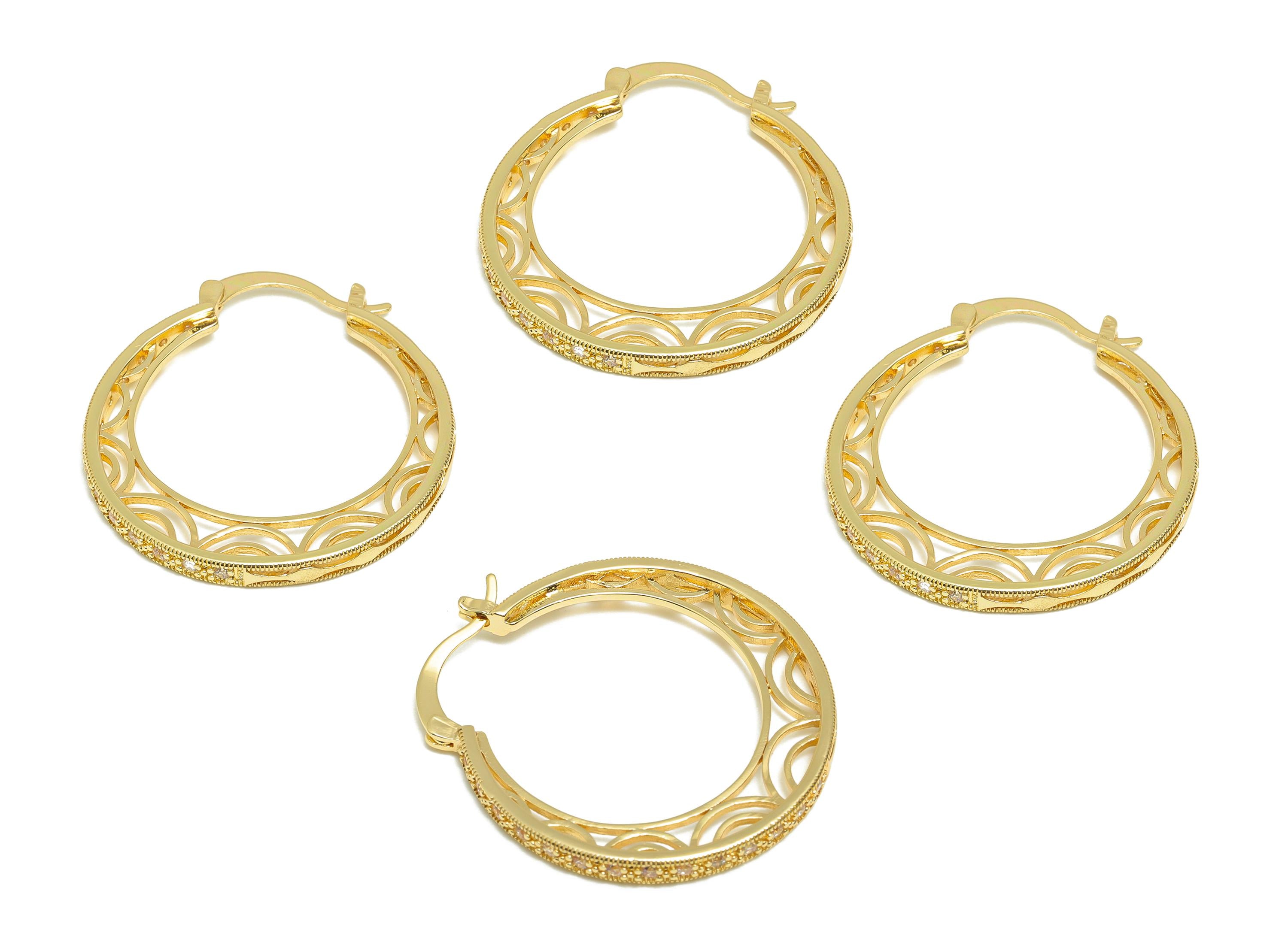 Brass Hinged Back Earring - Gold Zircon Hollow Huggie Earring - Textured Daily Wear Ear - 18K Real Gold Plated -34.08x30.74x2.39mm - RGP9110 - DOMEDBAZAAR