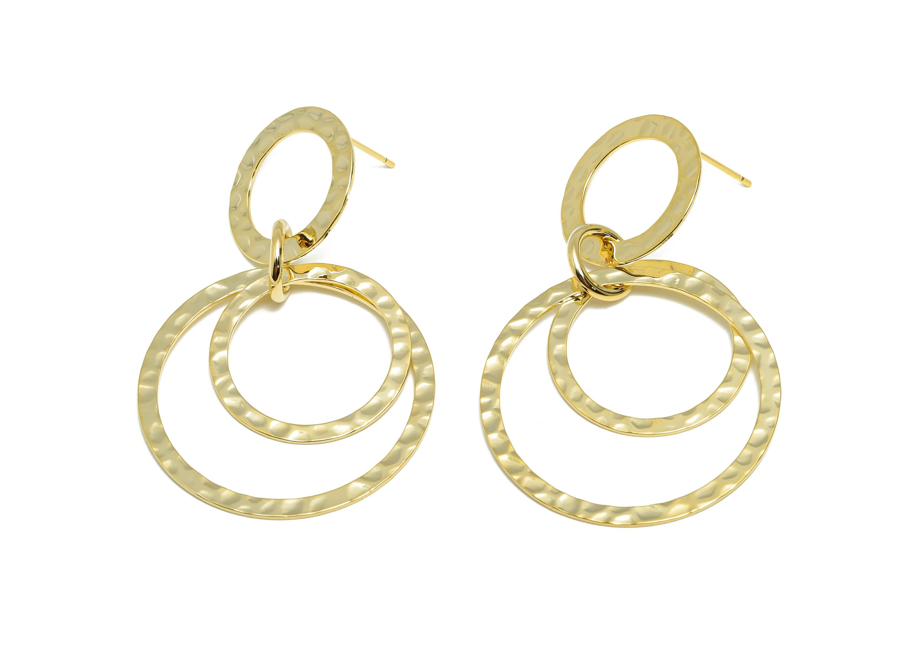 Brass Circle Dangle Earring - Round Earring Stud for Girl- Gold Hammered Dangle Ear Post - 18K Real Gold Plating -51.82x33.07x0.62mm-RGP9114 - DOMEDBAZAAR