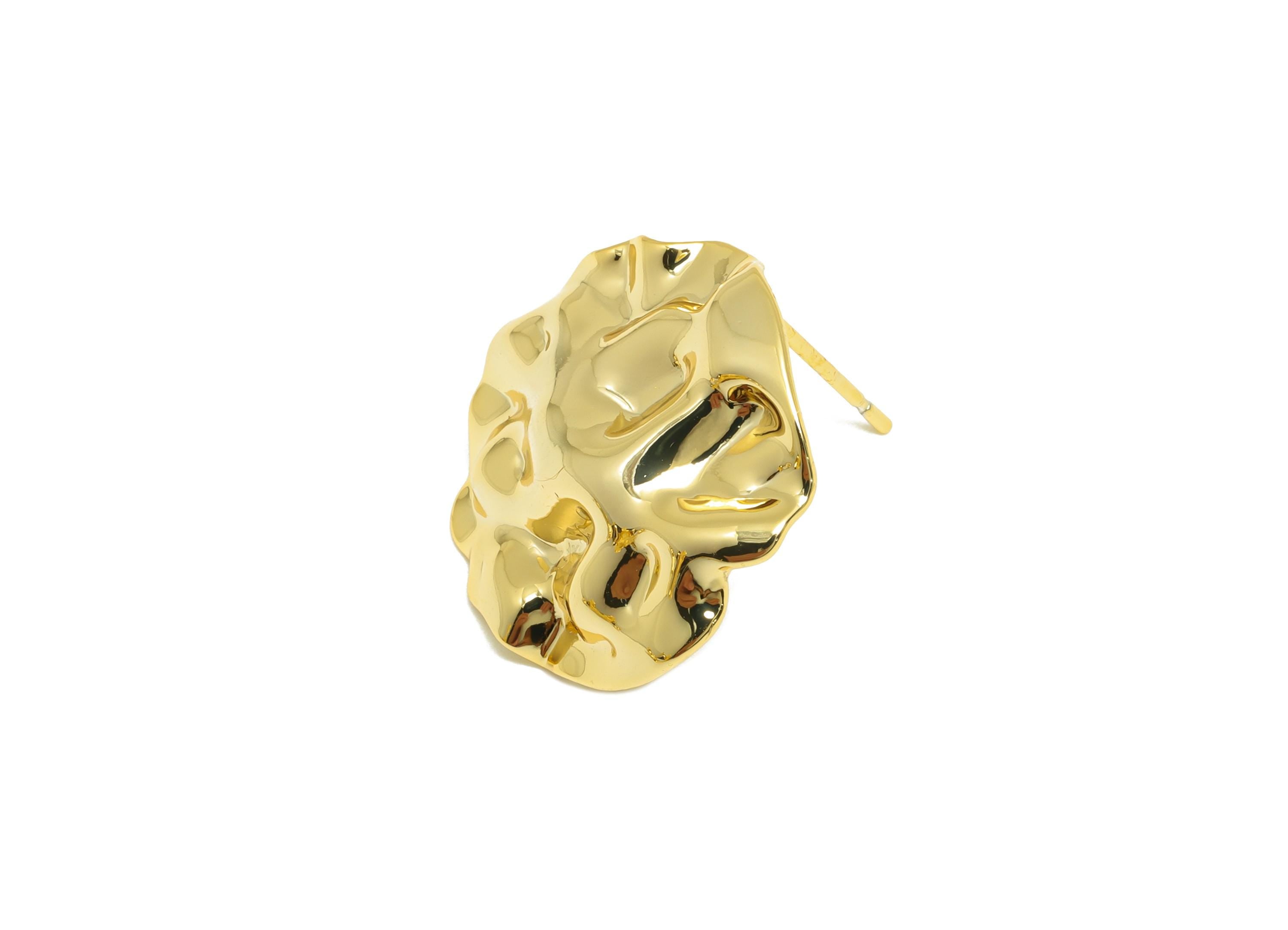 Brass Round Earring Stud - Gold Hammered Earring Post for Girls - Daily Wear Earring - 18K Real Gold Plating - 18.46x18.07x1.69mm - RGP9115 - DOMEDBAZAAR