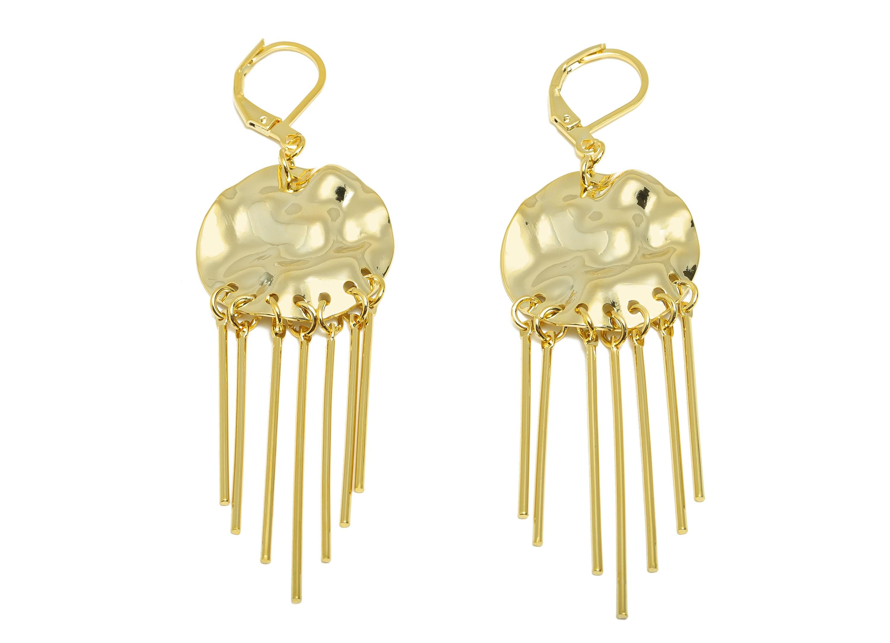 Brass Fringe Laverack Earring - Hammered Huggie Earring for Woman - Gold Dangle Earring - 18K Real Gold Plating - 71.9x22.17x0.79mm- RGP9116 - DOMEDBAZAAR