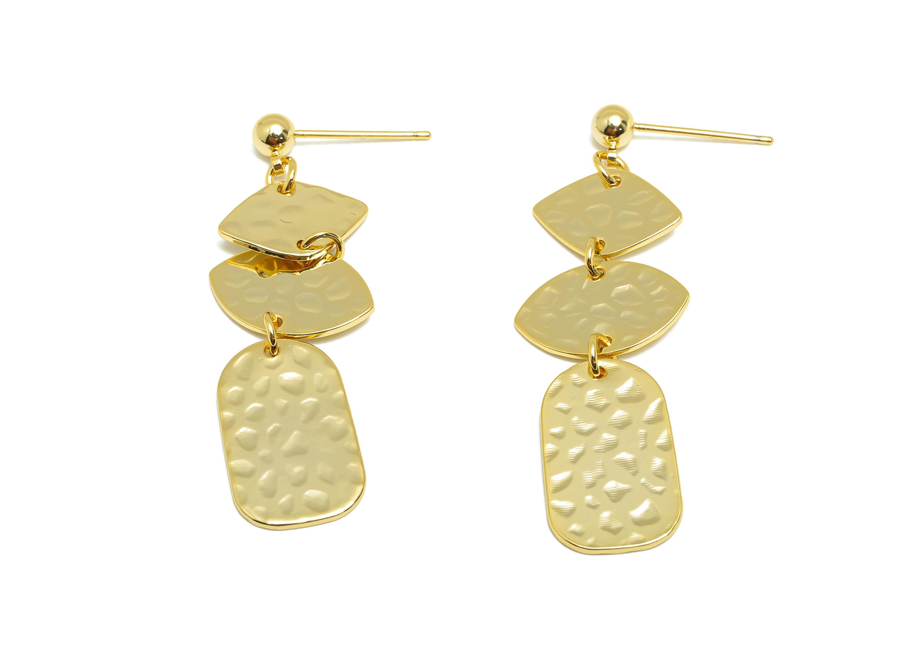Brass Dangle Earring Stud - Geometry Earring for Women - Gold Hammered Dangle Ear Post - 18K Real Gold Plating - 41.61x11.72x0.81mm -RGP9118 - DOMEDBAZAAR