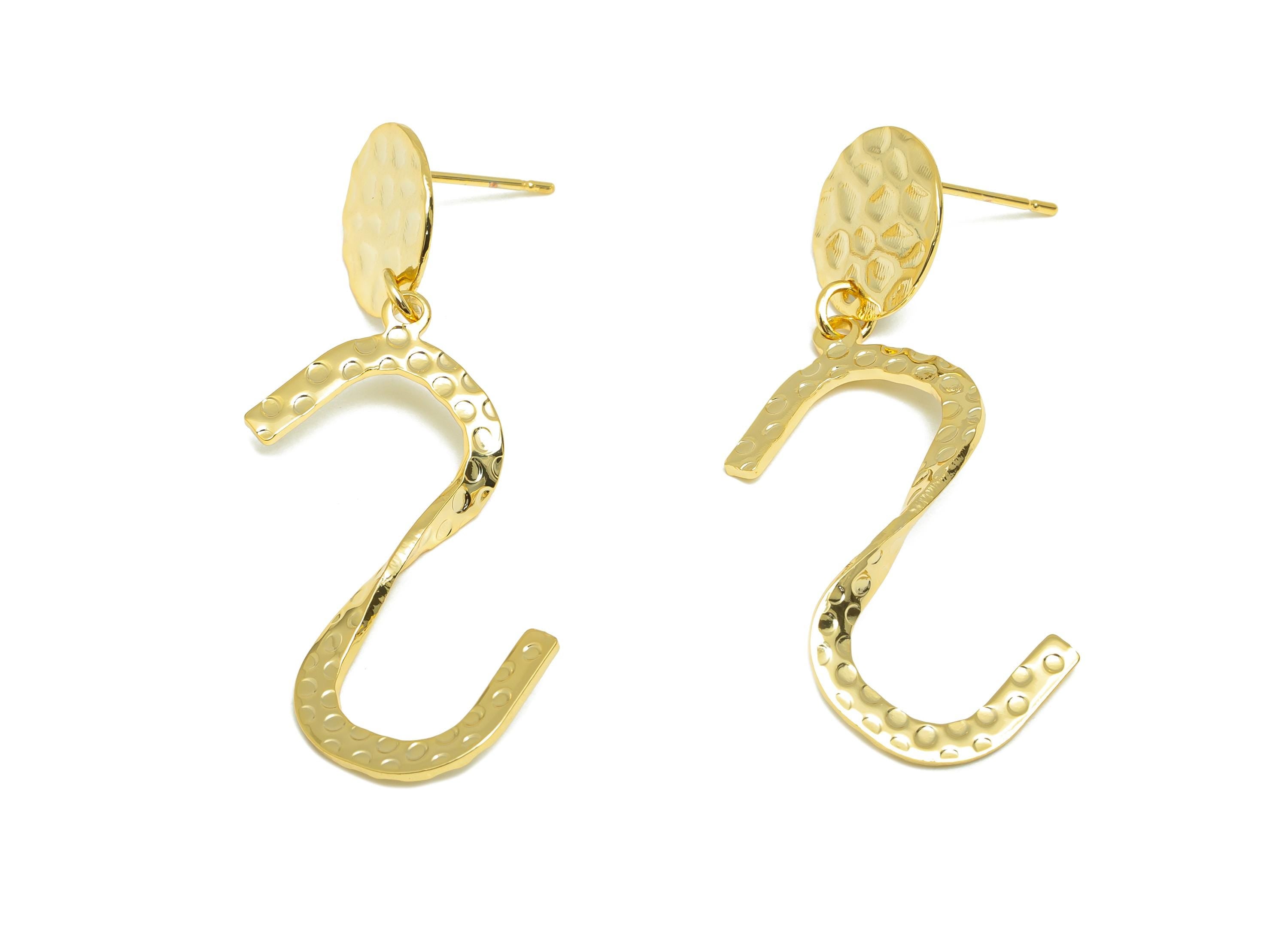 Brass Round Earring Stud - Wave S Dangle Earring for Girl - Gold Hammered Dangle Ear Post - 18K Real Gold Plating-44.85x19.78x0.74mm-RGP9119 - DOMEDBAZAAR