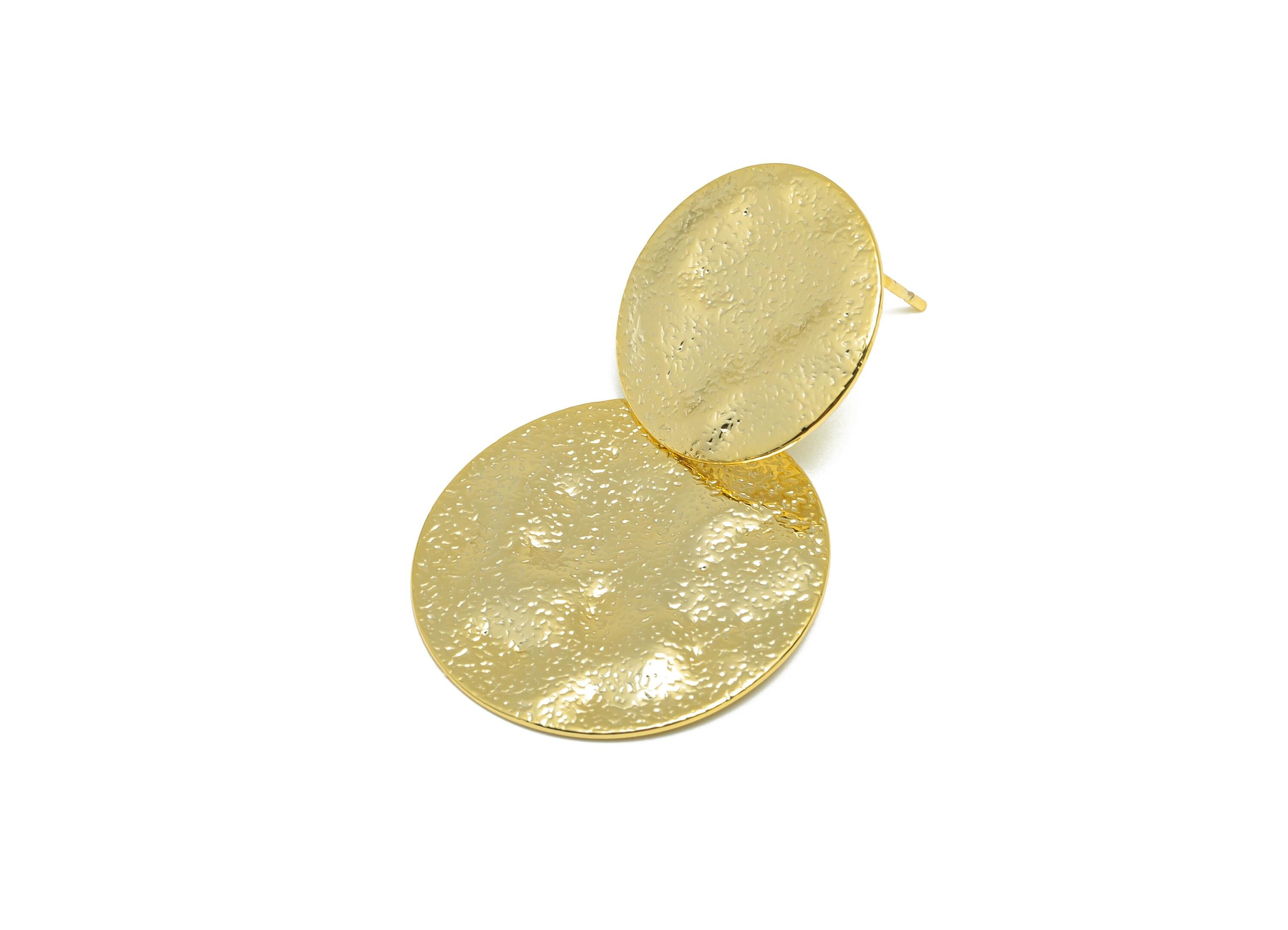 Brass Round Earring Stud - Hammered Dangle Earring for Girl - Gold Daily Wear Ear Post - 18K Real Gold Plating - 37.6x24.16x0.75mm - RGP9120 - DOMEDBAZAAR