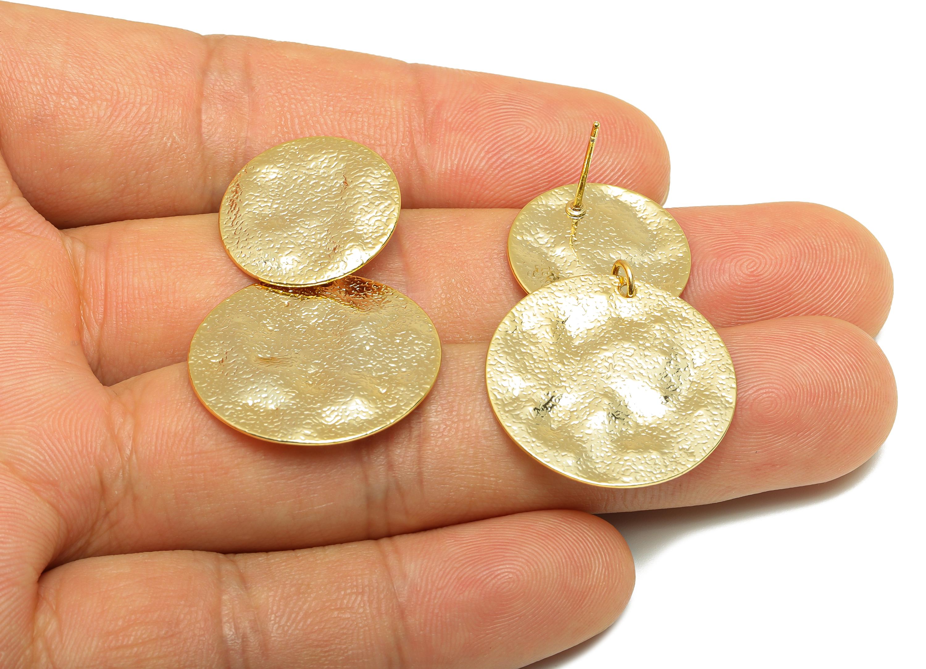 Brass Round Earring Stud - Hammered Dangle Earring for Girl - Gold Daily Wear Ear Post - 18K Real Gold Plating - 37.6x24.16x0.75mm - RGP9120 - DOMEDBAZAAR