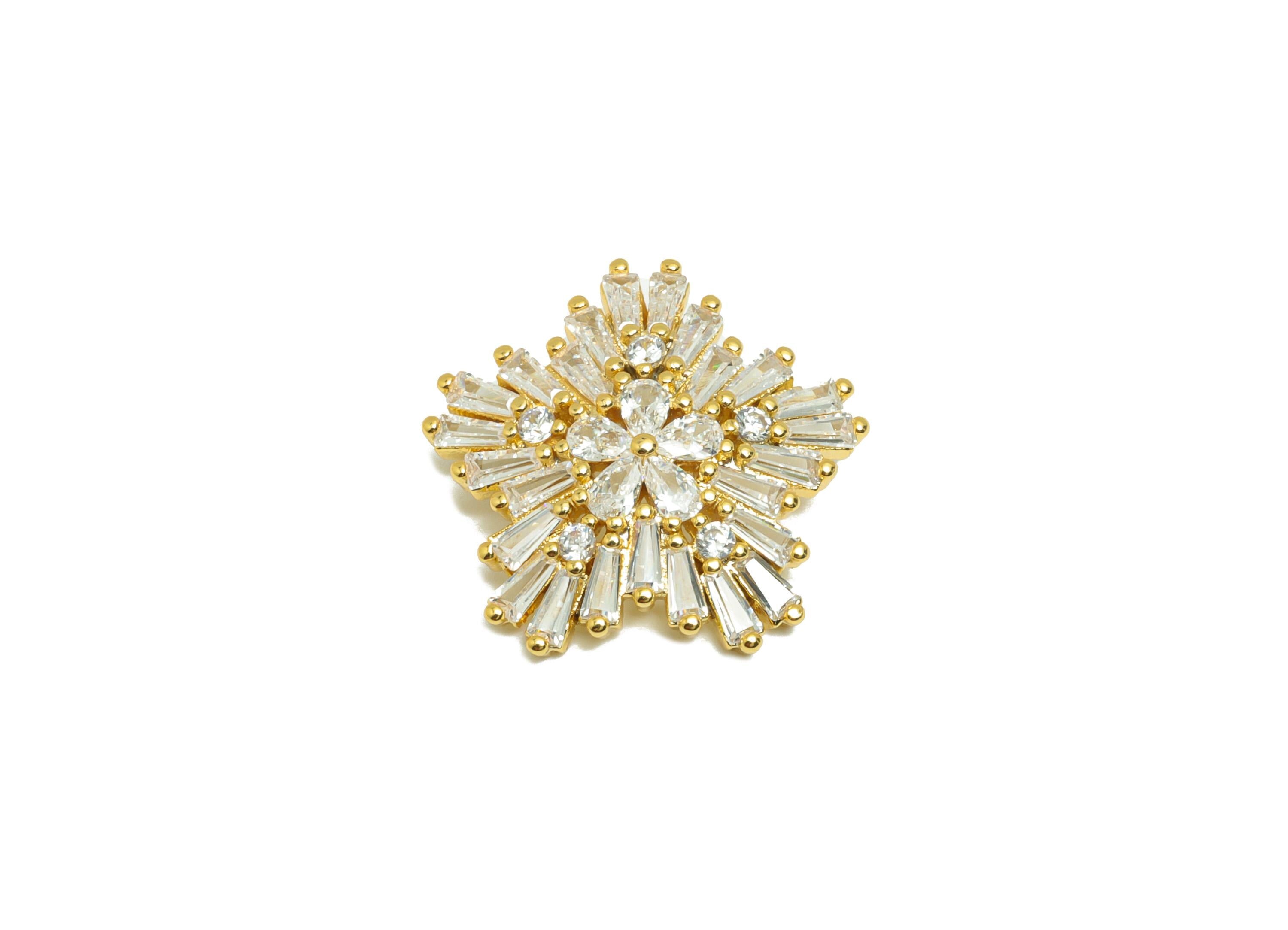 Gold Zircon Sakura Pendant - Brass with Baguette-Cut Diamonds - CZ Special Occasions Charms - 18K Real Gold Plating- 18x17.7x4.8mm - RGP8862 - DOMEDBAZAAR
