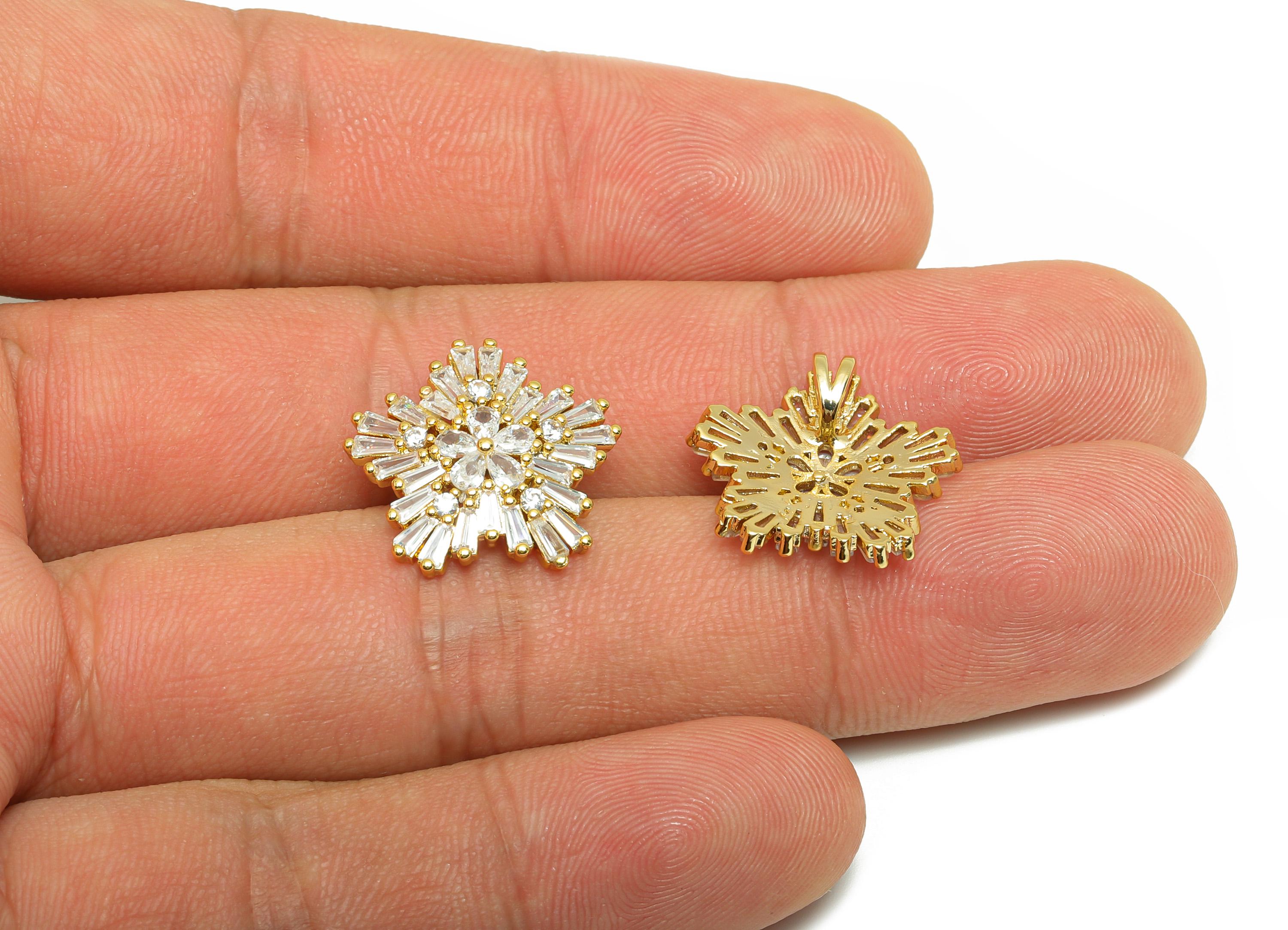 Gold Zircon Sakura Pendant - Brass with Baguette-Cut Diamonds - CZ Special Occasions Charms - 18K Real Gold Plating- 18x17.7x4.8mm - RGP8862 - DOMEDBAZAAR