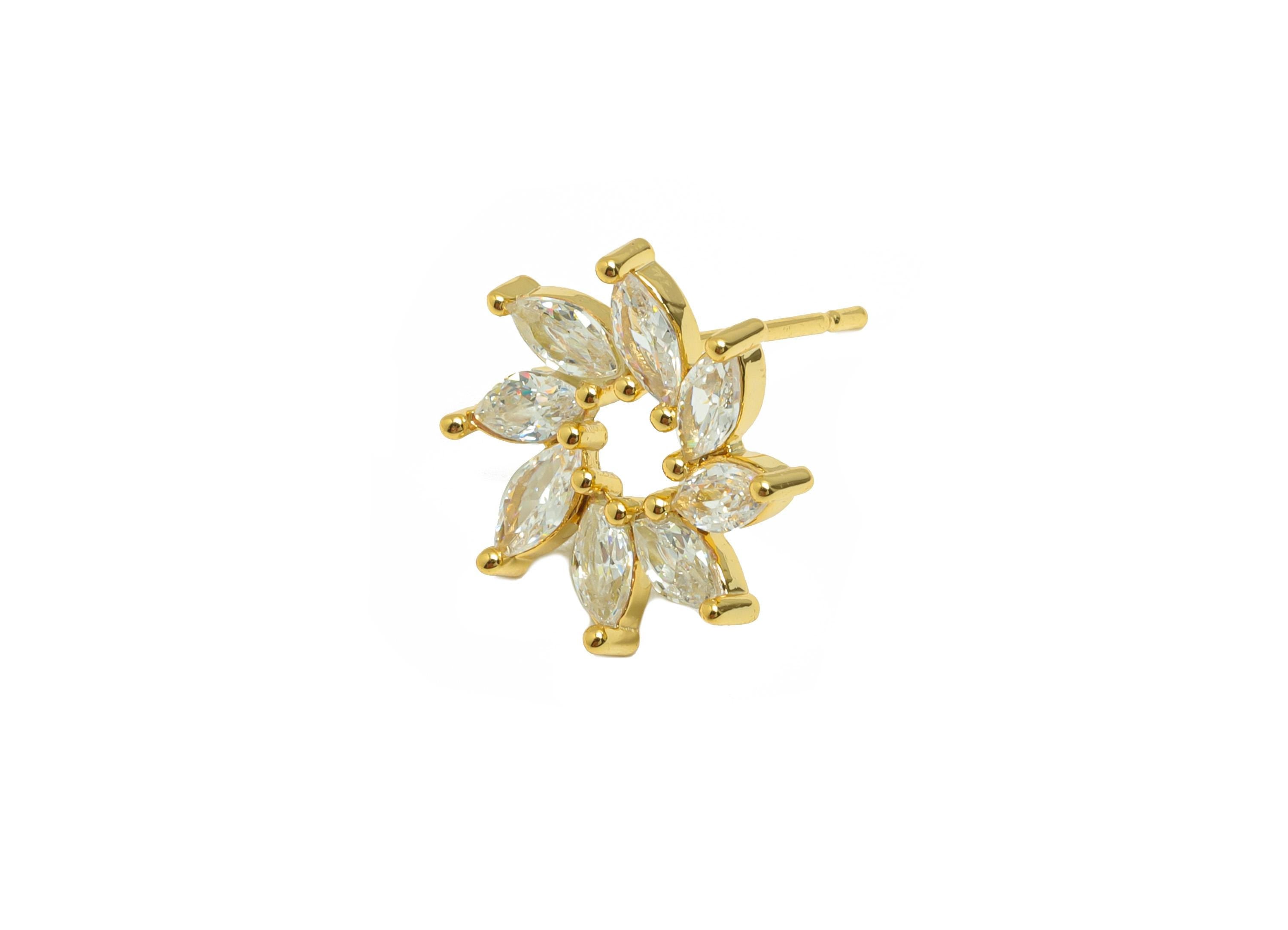 Gold Zircon Flower Earring - Marquise-Cut Diamond Earring Post - Brass Everyday Wear Earring - 18K Real Gold Plated -15x14.5x3.08mm -RGP8864 - DOMEDBAZAAR