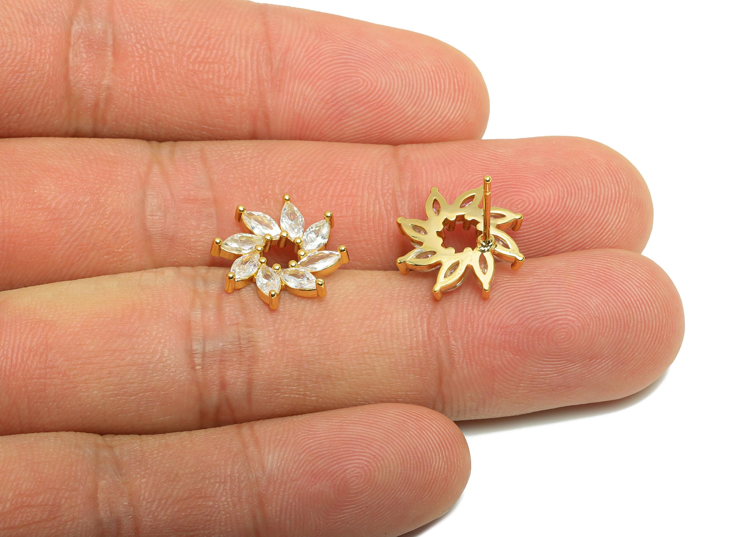 Gold Zircon Flower Earring - Marquise-Cut Diamond Earring Post - Brass Everyday Wear Earring - 18K Real Gold Plated -15x14.5x3.08mm -RGP8864 - DOMEDBAZAAR