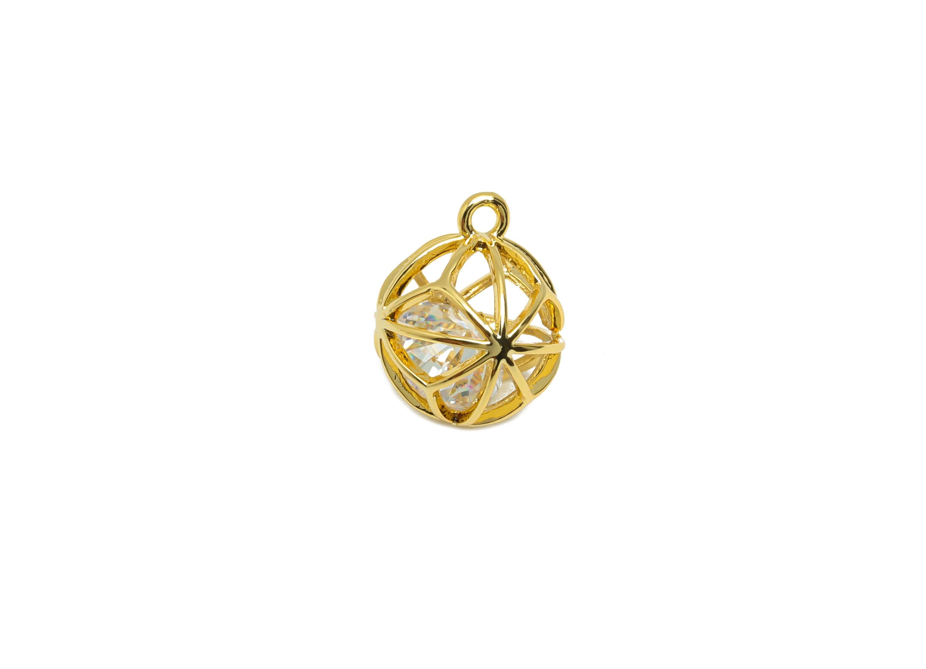 Brass Ball Earring Charm - Gold Round Hollow Charm for Bracelet - Zircon Pendant with Loop - 18K Real Gold Plating - 12x10x10mm - RGP8865 - DOMEDBAZAAR